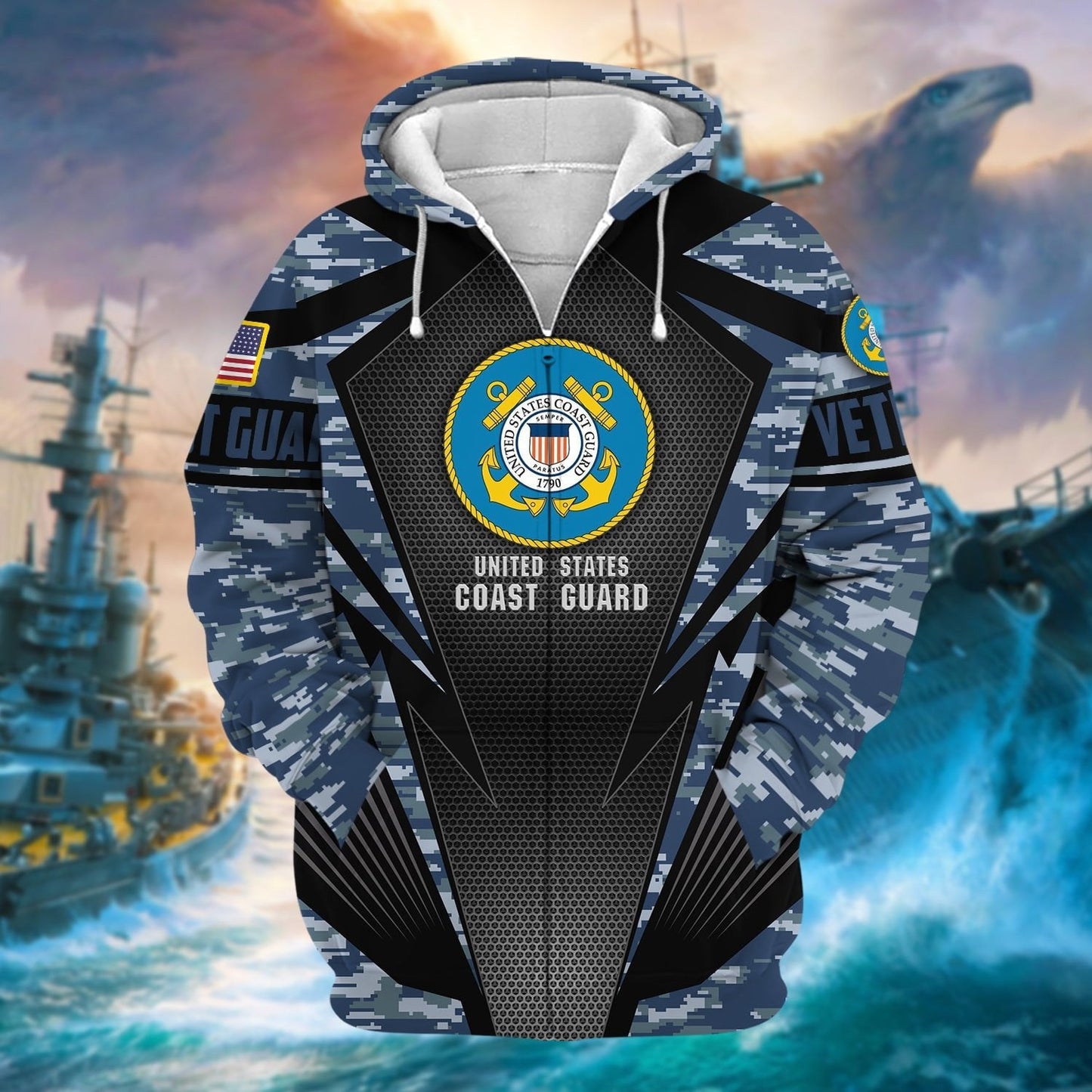 Frenzidea Unique Camo Soldiers Multiservice US Veteran Zip Hoodie