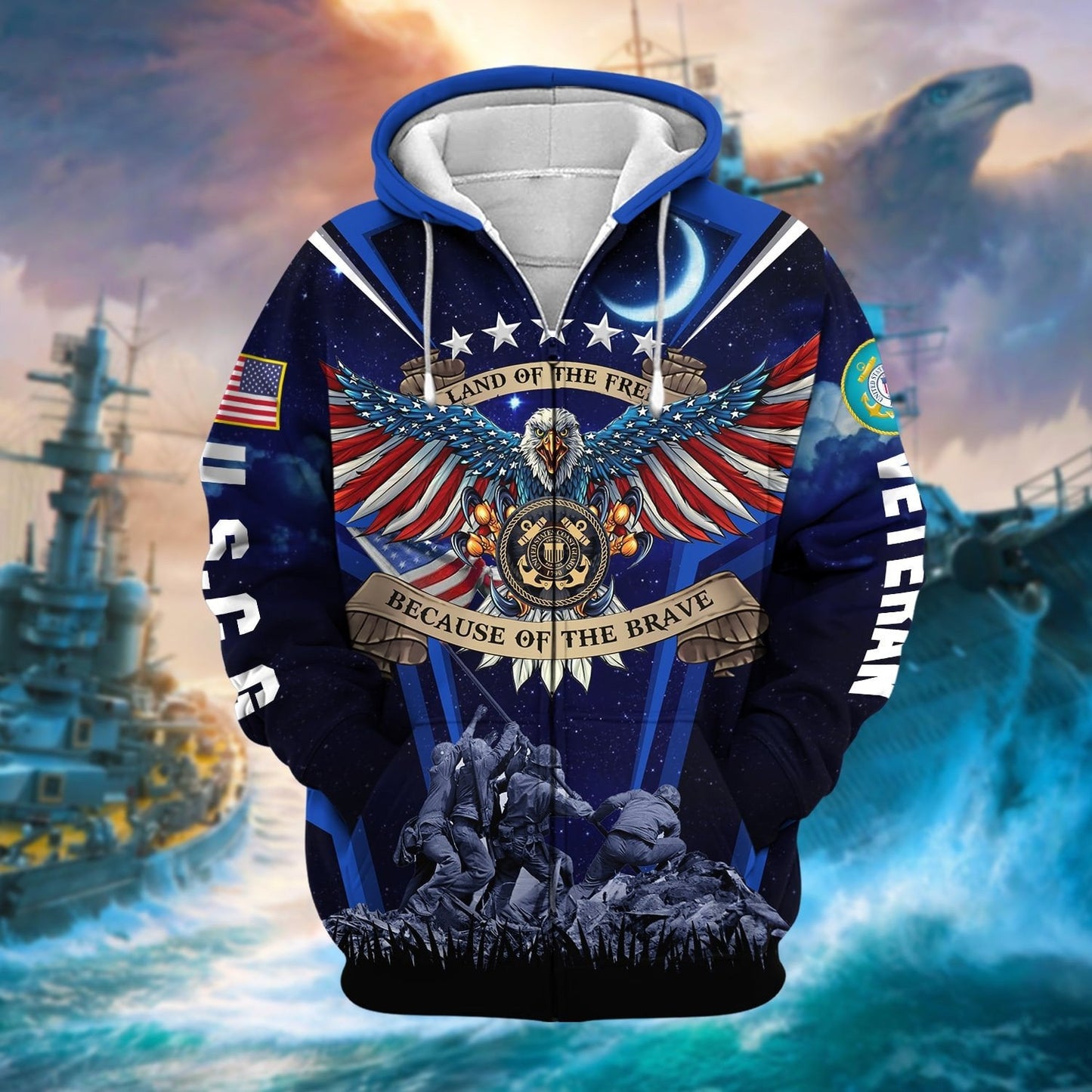 Frenzidea Premium Land Of The Free US Veteran Zip Hoodie