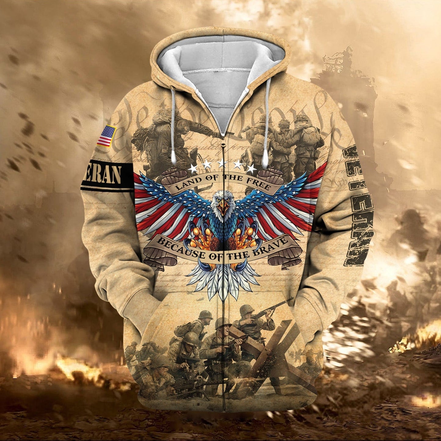 Frenzidea Premium Land Of The Free US Veteran Zip Hoodie