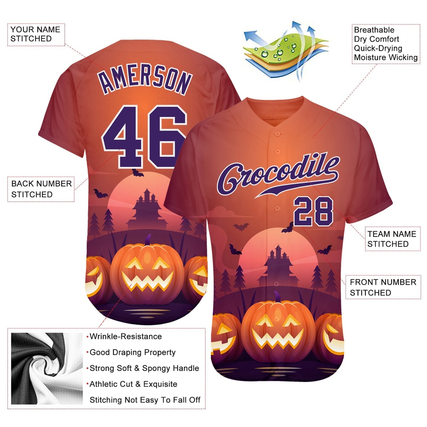Frenzidea Custom 3D Pattern Halloween Pumpkins Horror Night Baseball Jersey