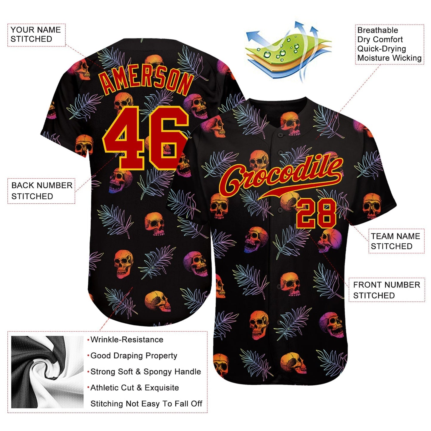 Frenzidea Custom 3D Pattern Halloween Skulls And Palm Leaves Baseball Jersey