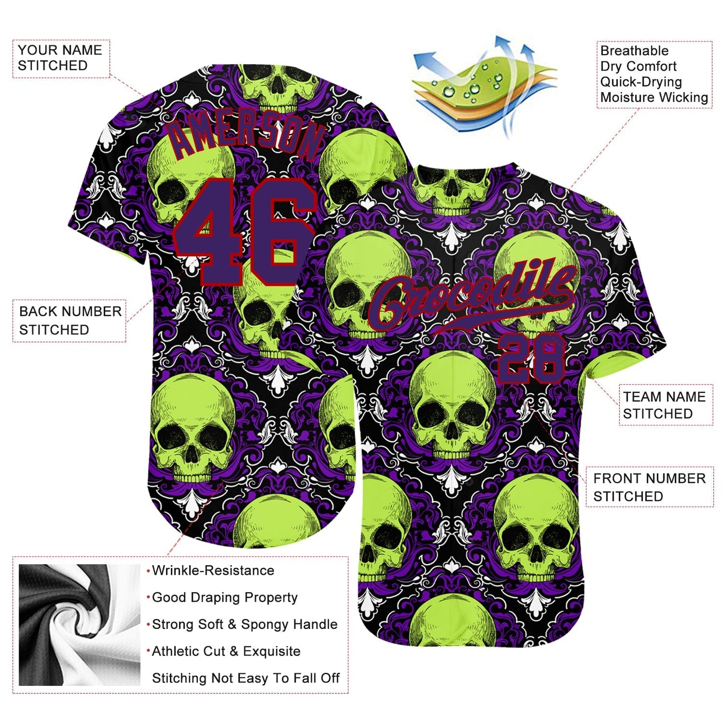 Frenzidea Custom 3D Pattern Halloween Skulls Baseball Jersey