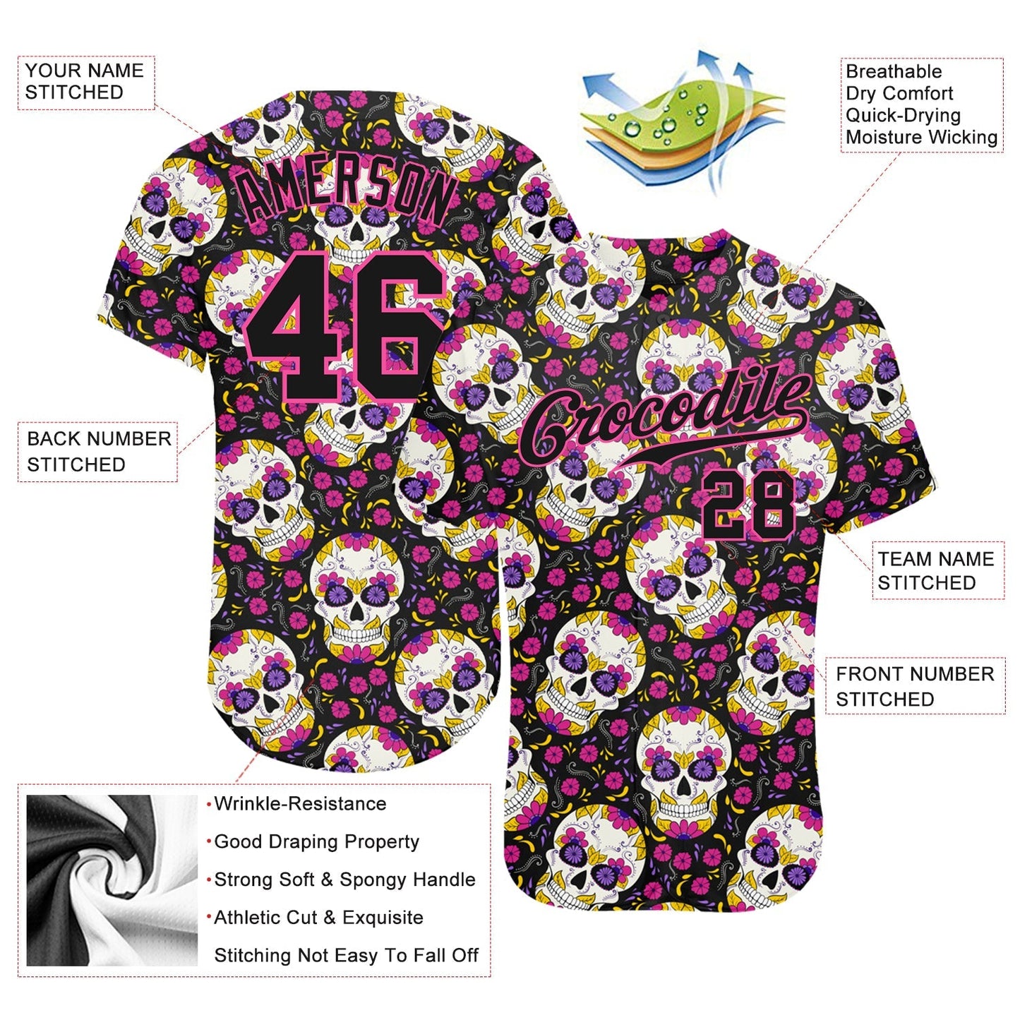 Frenzidea Custom 3D Pattern Halloween Skulls Baseball Jersey