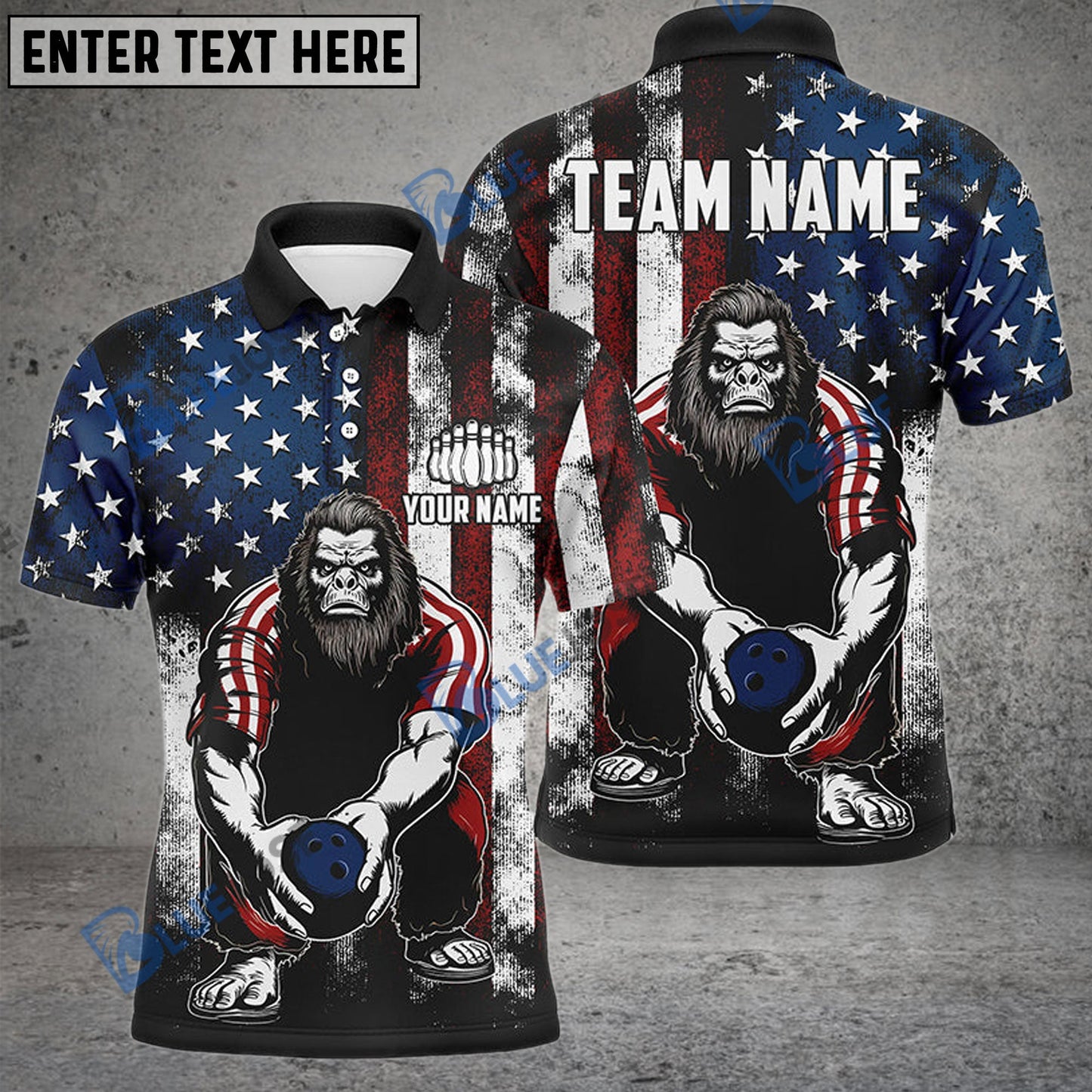 frenzideas Bowling And Pins American Flag Bigfoot Customized Name, Team Name 3D Shirt