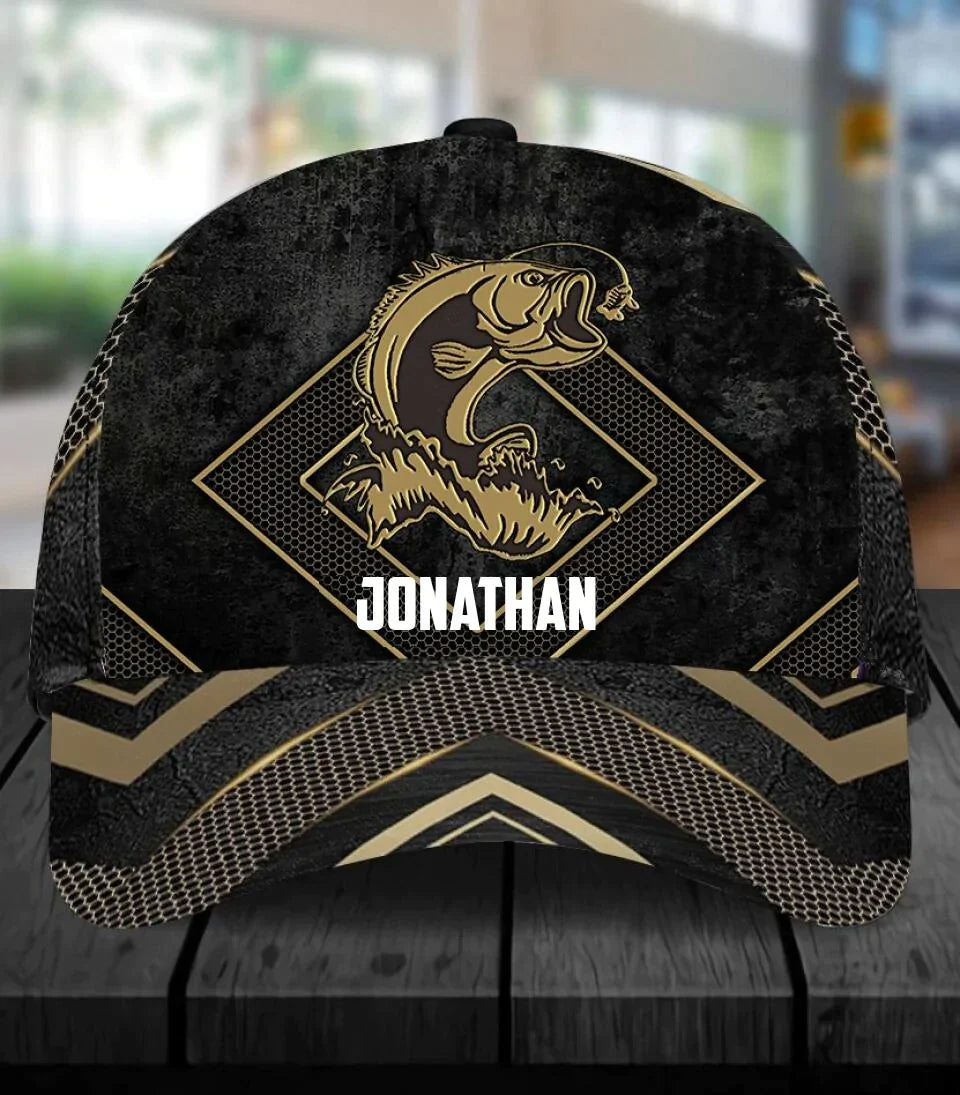 Frenzidea Personalized Fishing Black Gold Cap