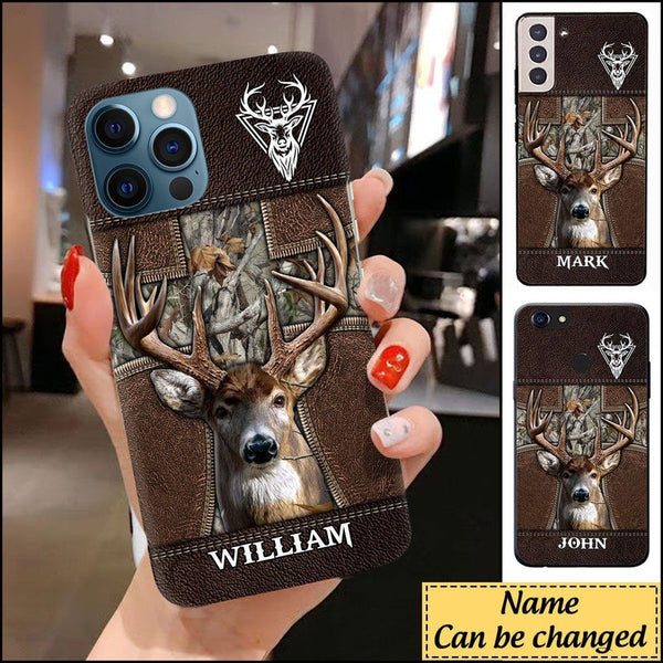 Frenzidea Deer Hunting Leather Cross Personalized Name Phone Case