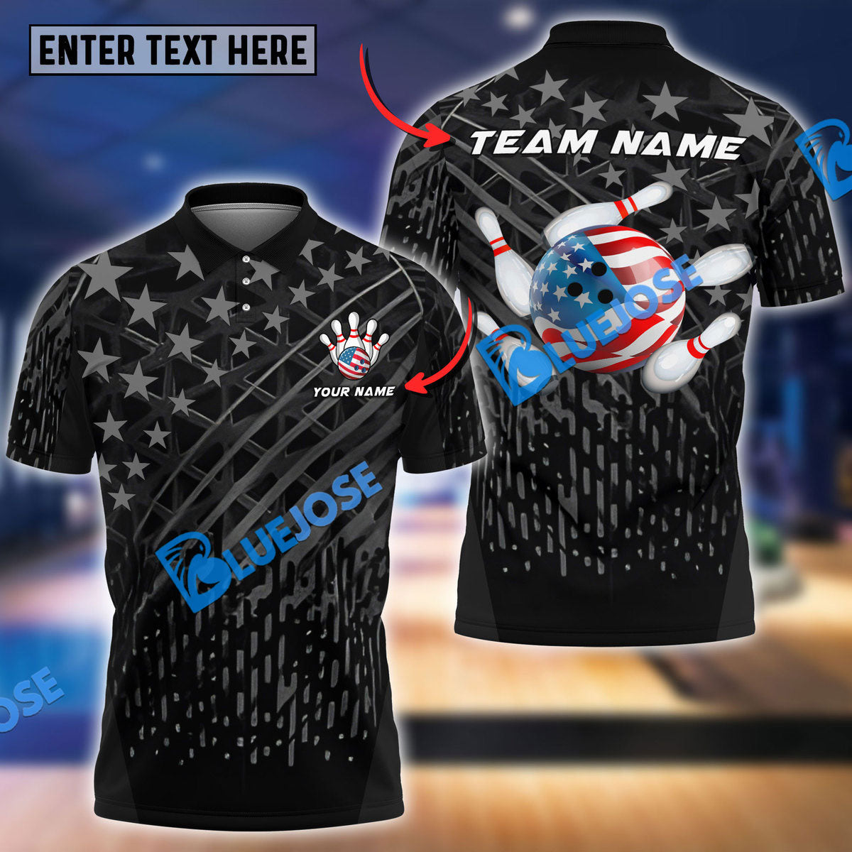 Frenzideas Bowling US Black Flag Pattern Customized Name, Team Name 3D Shirt