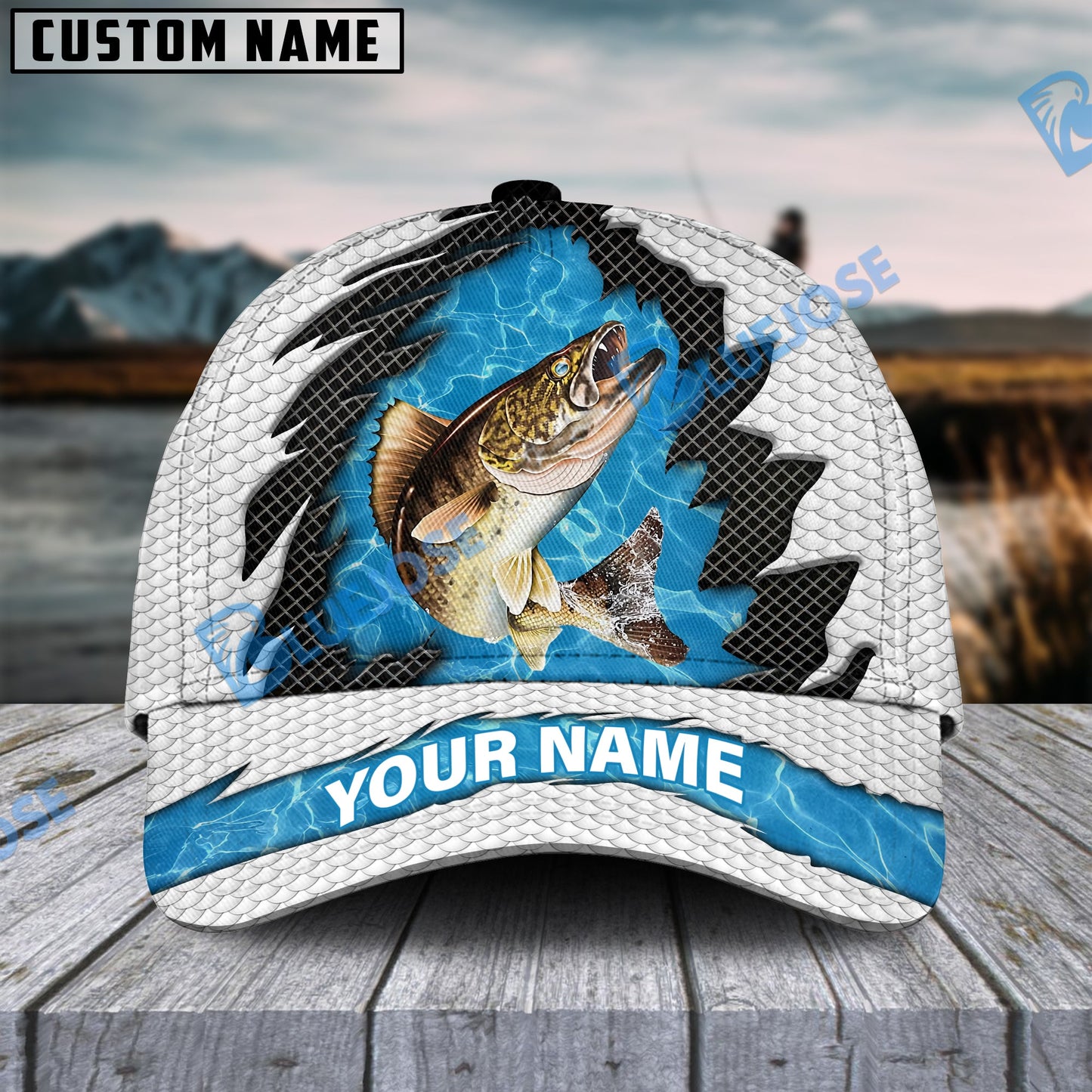 Frenzidea Personalized Walleye Fishing White Blue Wave Fishnet Classic Cap