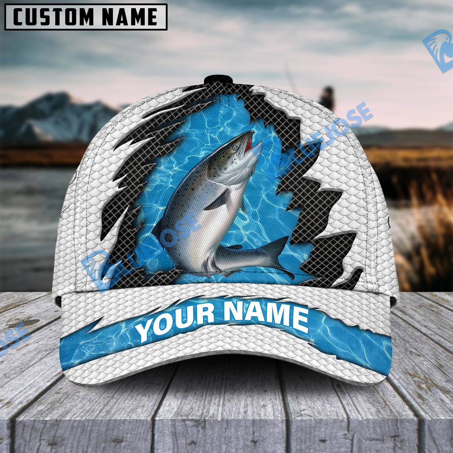 Frenzidea Personalized Salmon Fishing White Blue Wave Fishnet Classic Cap