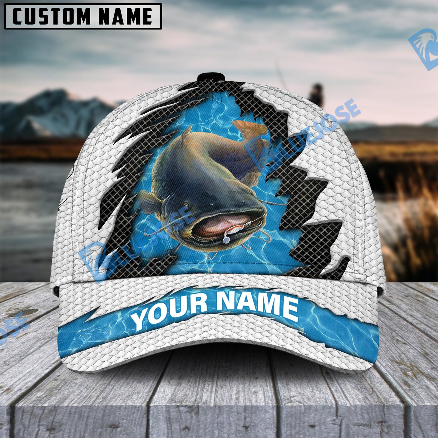 Frenzidea Personalized Catfish Fishing White Blue Wave Fishnet Classic Cap