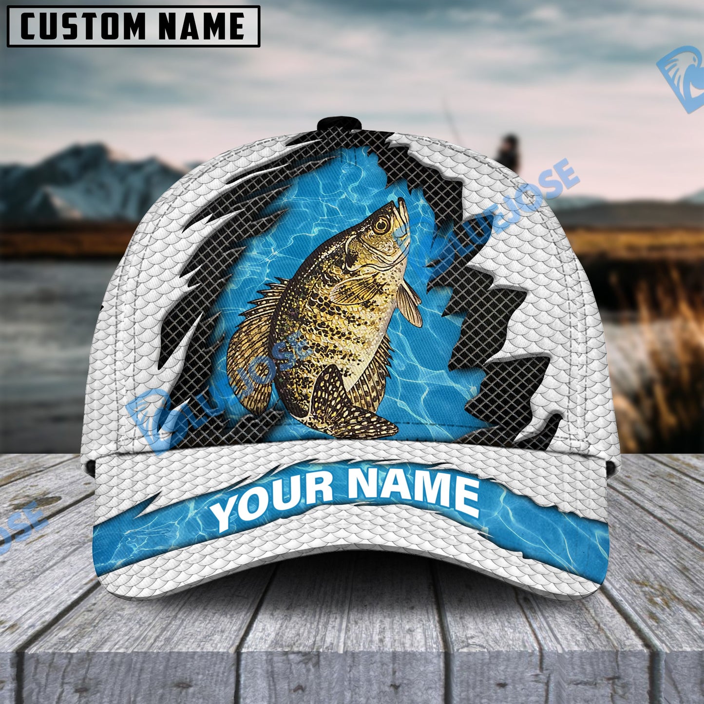 Frenzidea Personalized Crappie Fishing White Blue Wave Fishnet Classic Cap