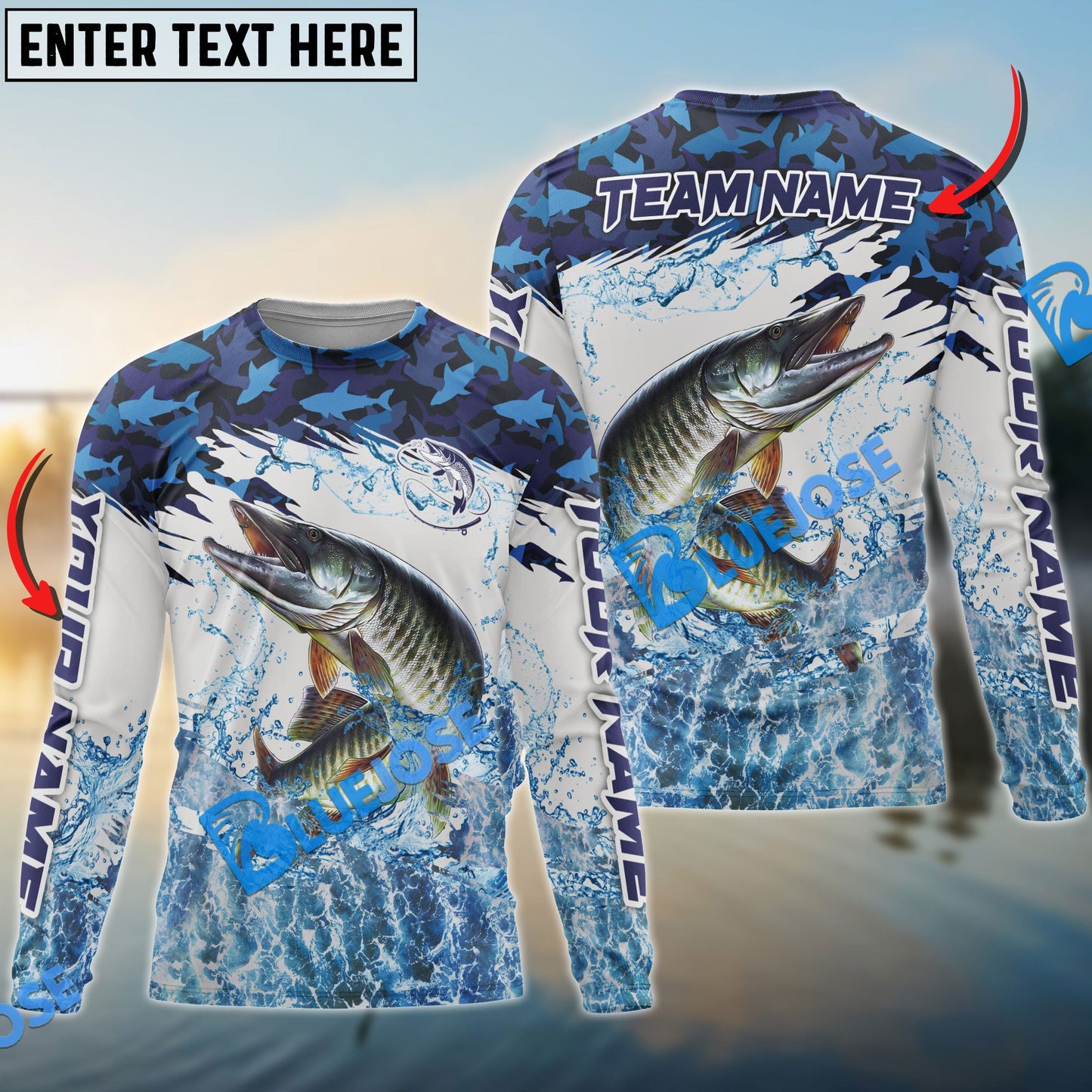 Frenzidea Musky Fishing Blue Camo Clear Water Custom Name & Team Name 3D Shirts