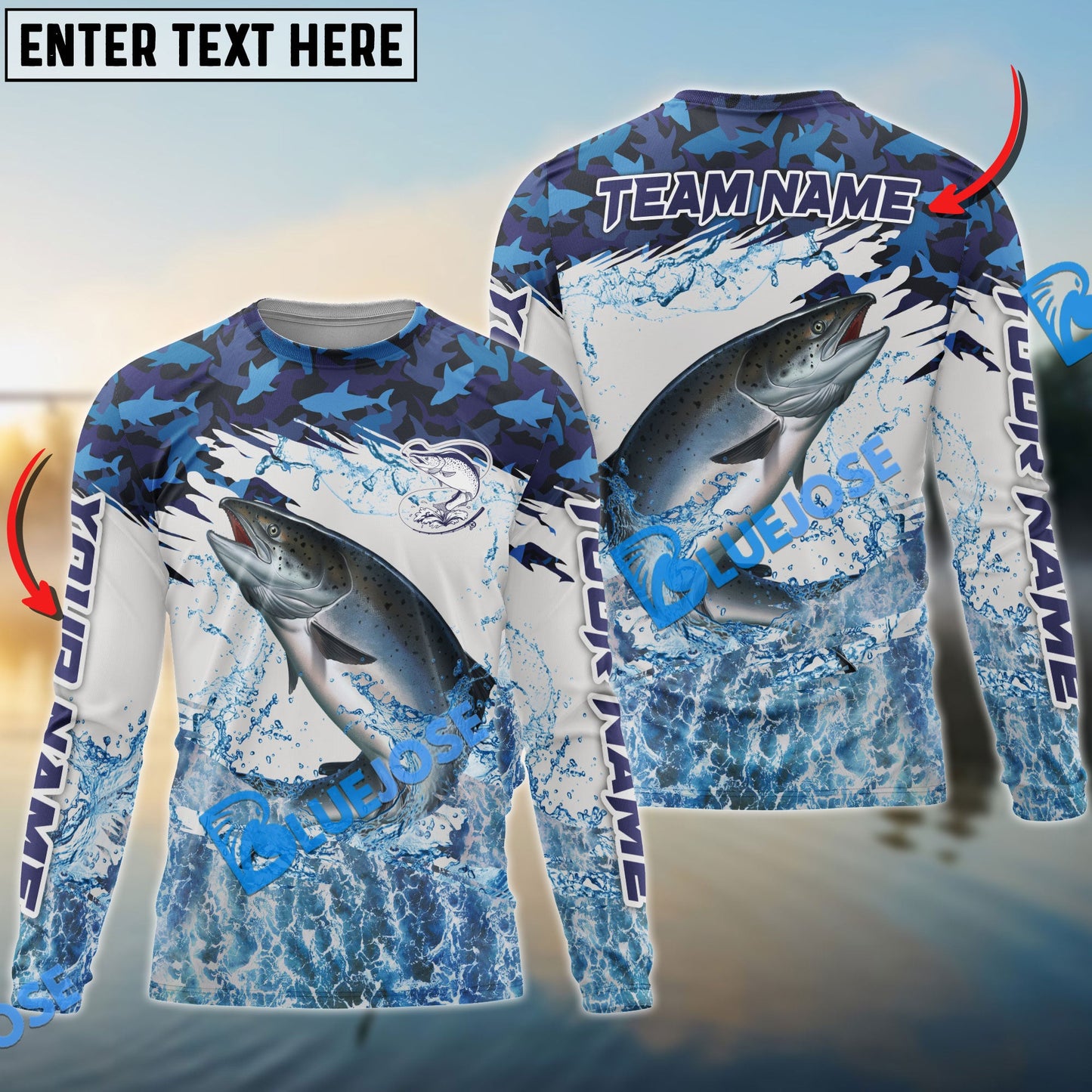 Frenzidea Salmon Fishing Blue Camo Clear Water Custom Name & Team Name 3D Shirts