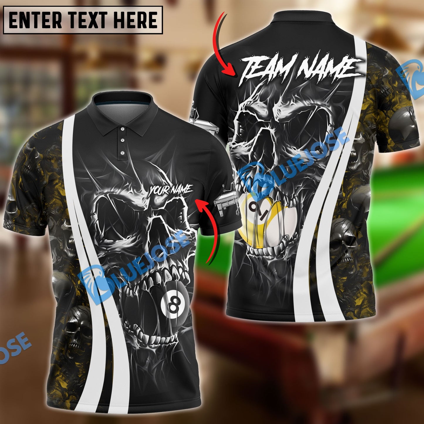 Frenzidea Billiards 8 & 9 Ball Skull Hell Personalized Name, Team Name Unisex Shirt ( 4 Colors )