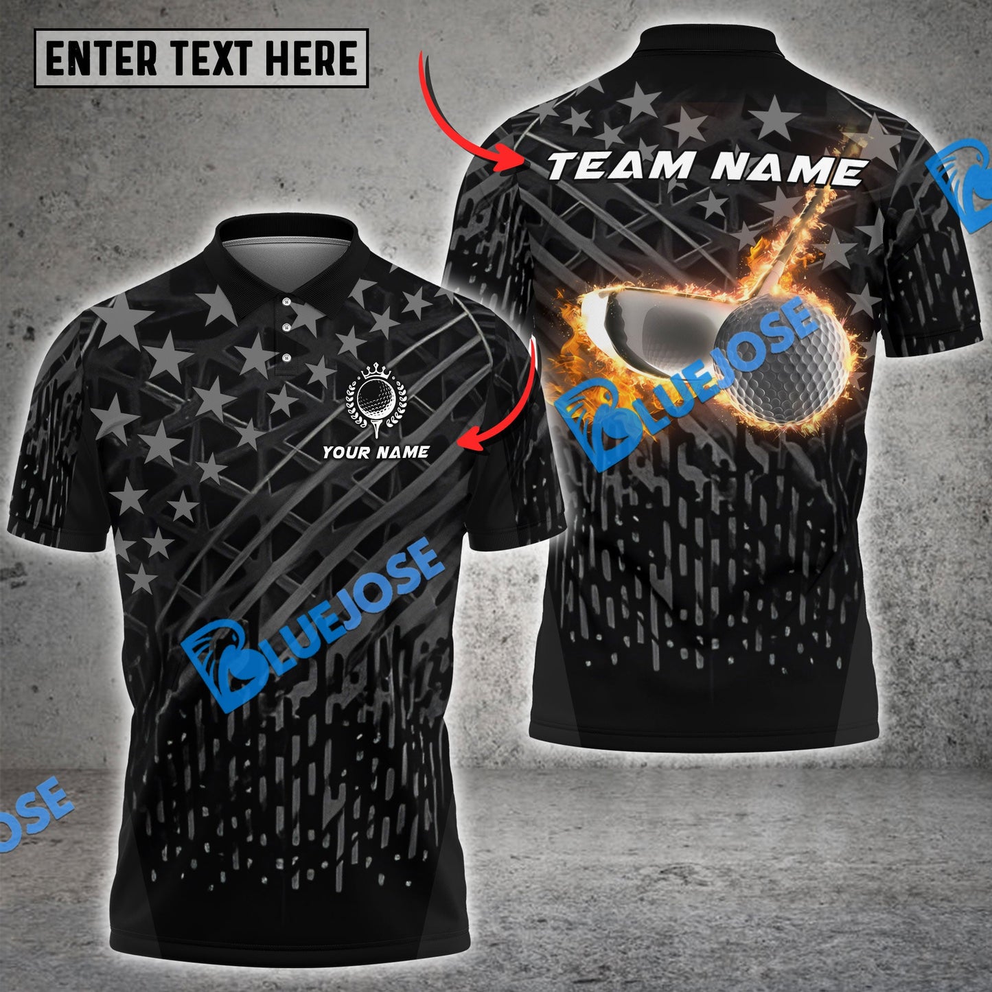 Frenzidea Golf Fire US Black Flag Customized Name, Team Name 3D Shirts