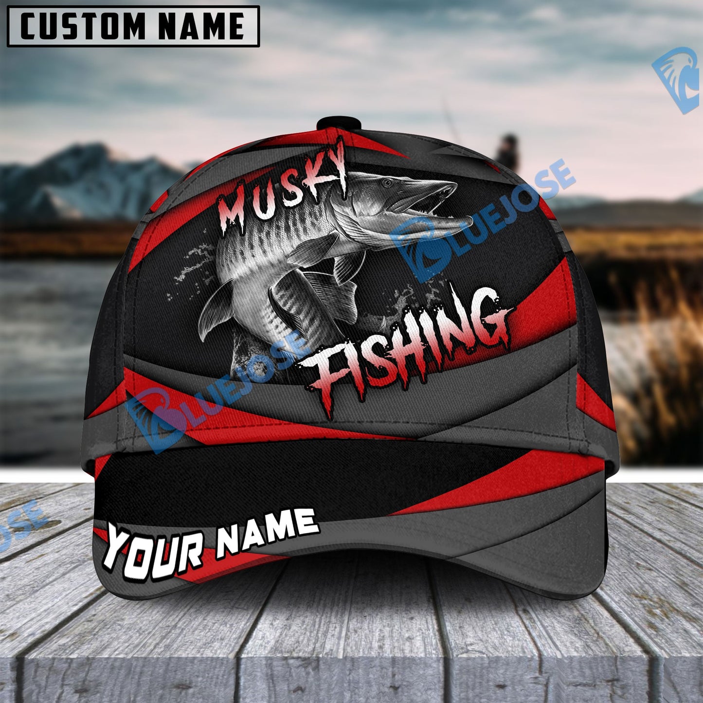 Frenzidea Personalized Musky Fishing Red Gray Spinning Pattern Classic Cap