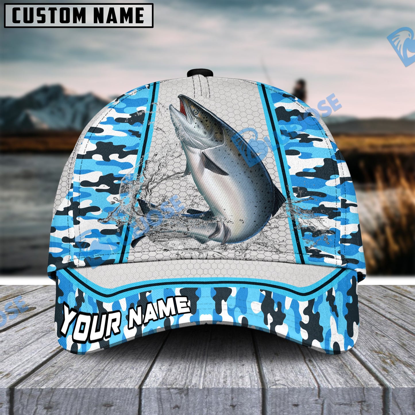 Frenzidea Personalized Salmon Fishing Light Blue Camo Sport Classic Cap