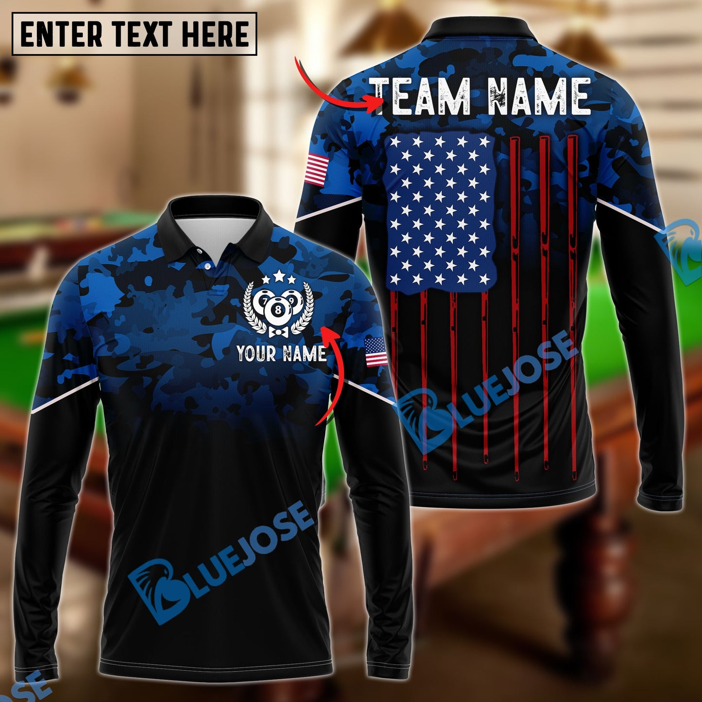 Frenzidea Billiard Navy US Flag Pattern Personalized Name, Team Name Unisex Shirt