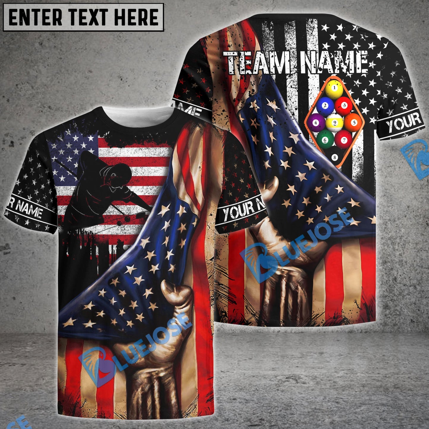 Frenzidea Billiards American Flag 9 Ball Player Personalized Name, Team Name Shirt