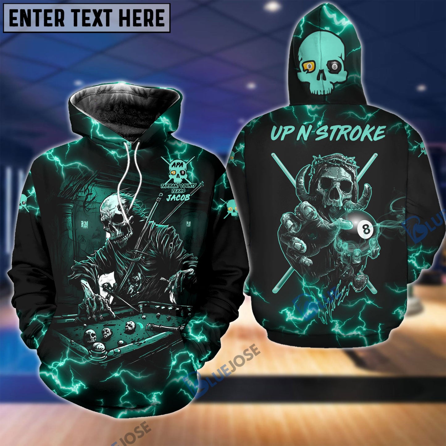 Frenzidea Billiards Green Skull Up N Stroke Team Personalized Name 3D Shirt