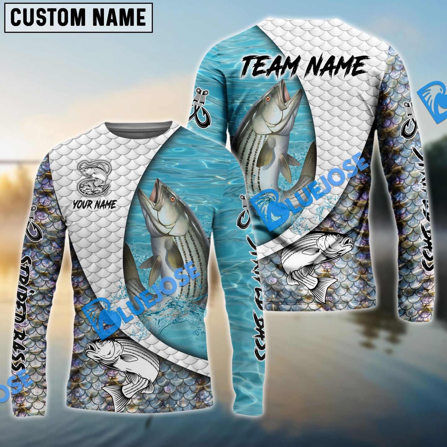 Frenzidea Striped Bass Fishing White Skin Diagonal Custom Name & Team Name 3D Shirts