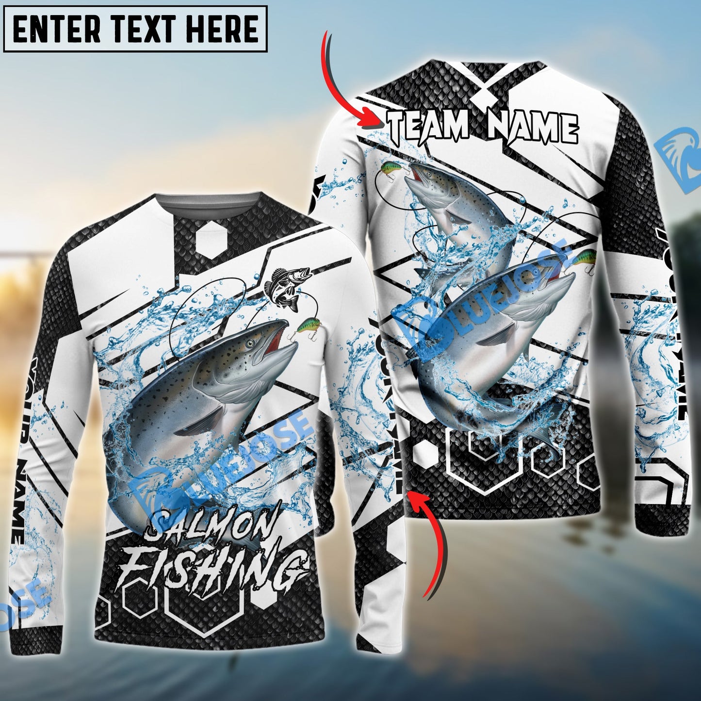Frenzidea Salmon Fishing White Gray Black Hexagon Sport Custom Name & Team Name 3D Shirts