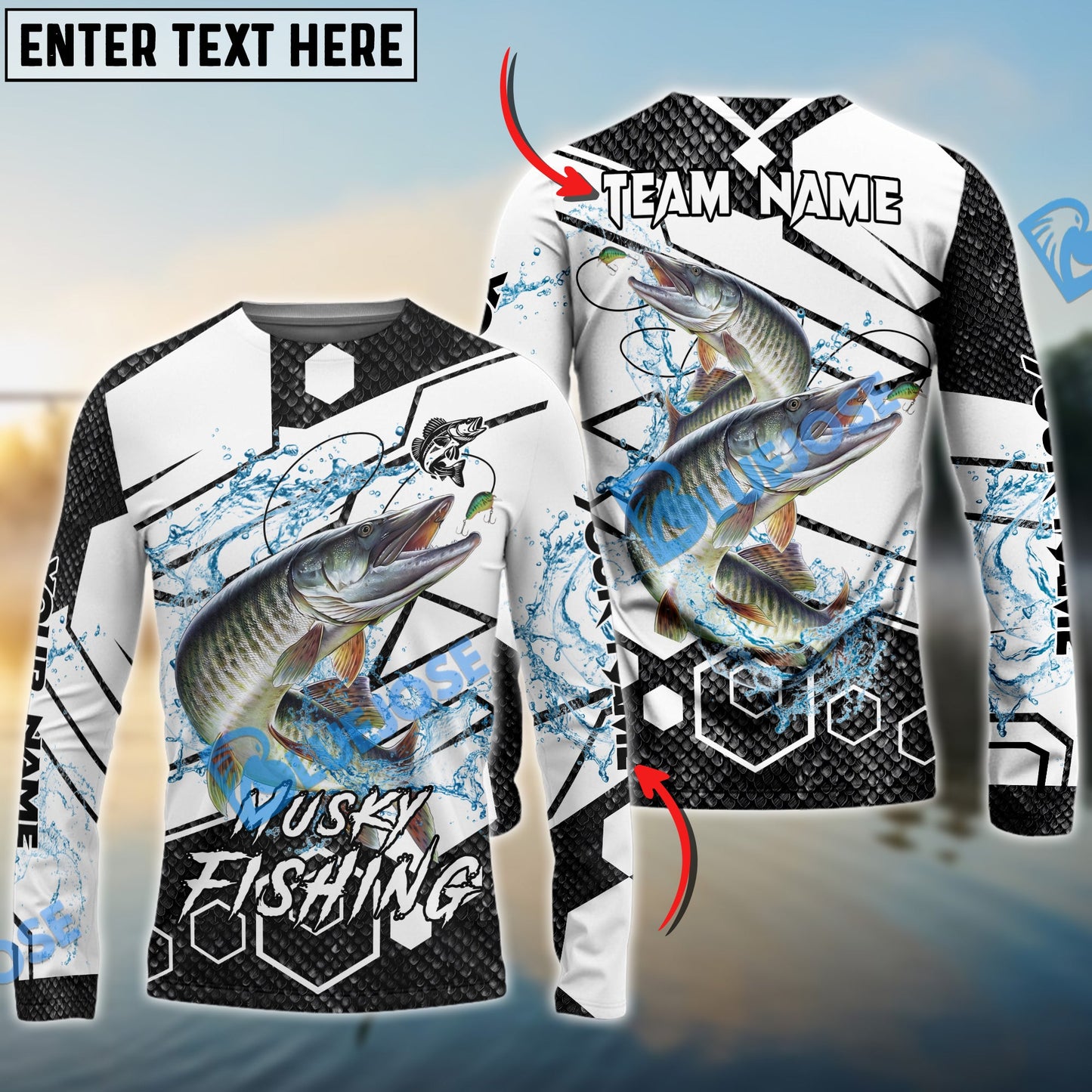 Frenzidea Musky Fishing White Gray Black Hexagon Sport Custom Name & Team Name 3D Shirts