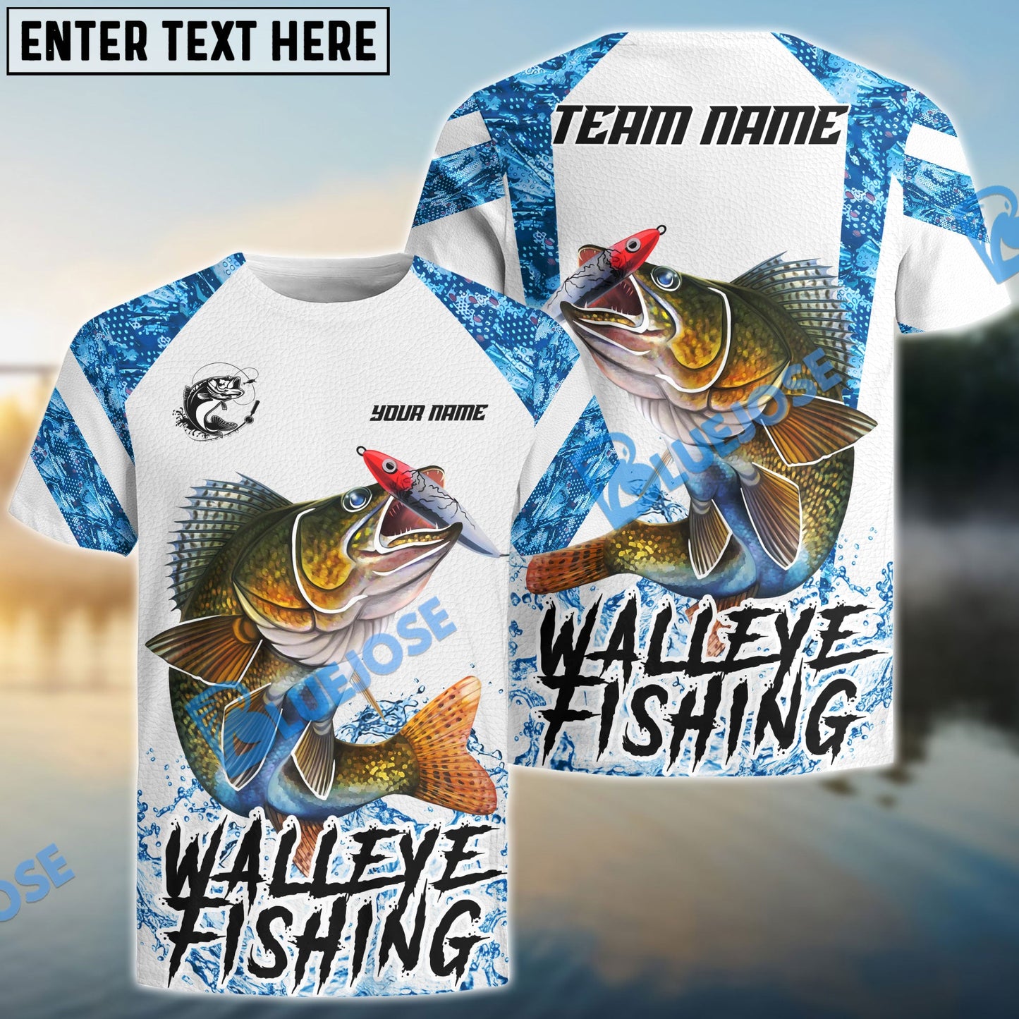Frenzidea Walleye Fishing Blue Camo White Pattern Sport Custom Name & Team Name 3D Shirts