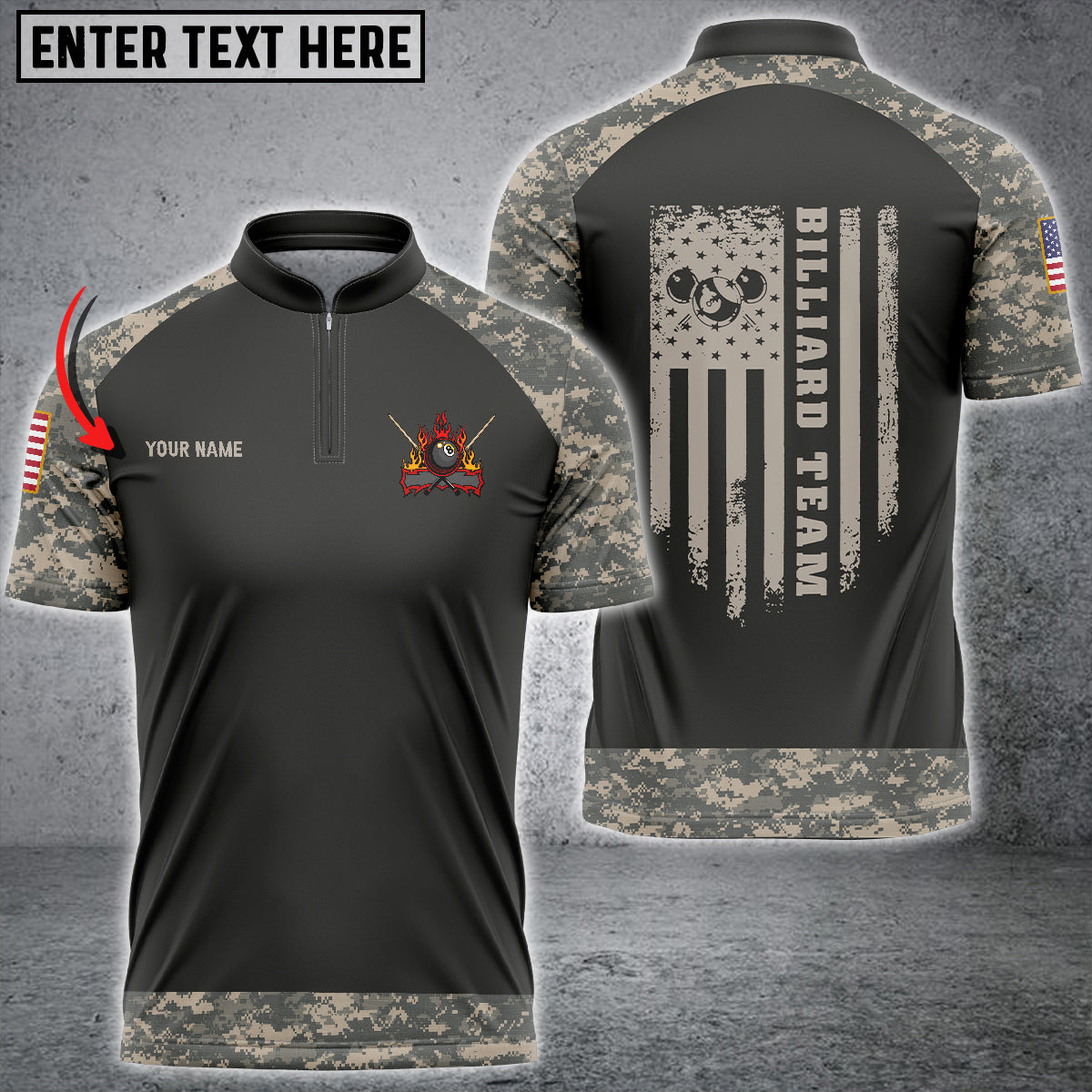 Frenzidea Retro Camouflage Flag Billiard Custom Name Zipper Polo Shirt