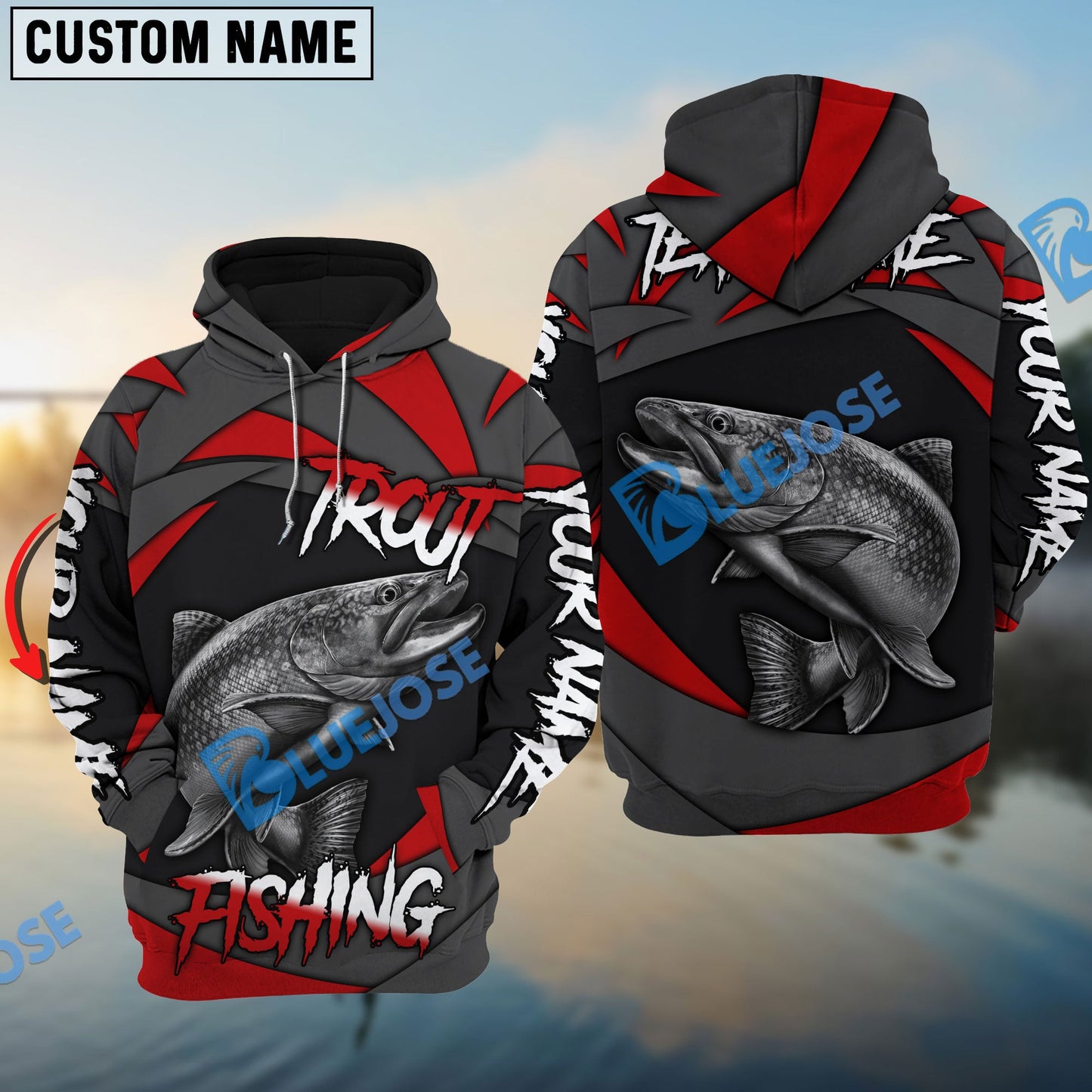 Frenzidea Trout Fishing Red Gray Spinning Pattern Custom Name & Team Name 3D Shirts
