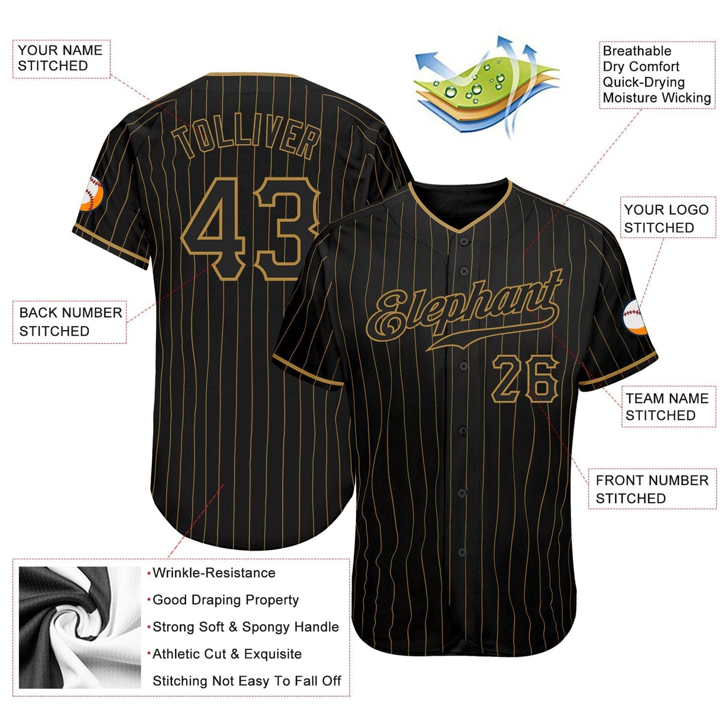 Frenzidea Custom Black Old Gold Pinstripe Black Authentic Baseball Jersey