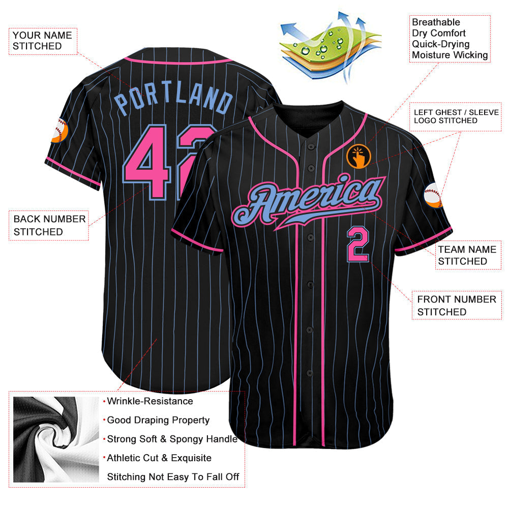Frenzidea Custom Black Light Blue Pinstripe Pink-Light Blue Authentic Baseball Jersey
