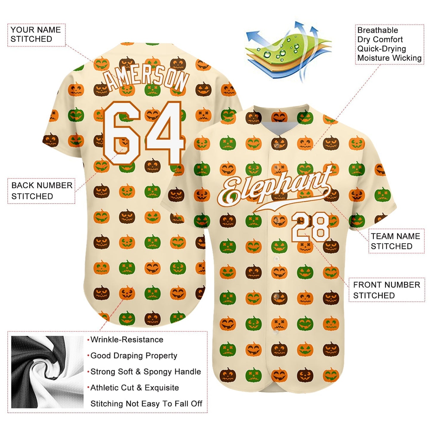 Frenzidea Custom Cream White-Texas Orange 3D Pattern Design Halloween Pumpkins Baseball Jersey