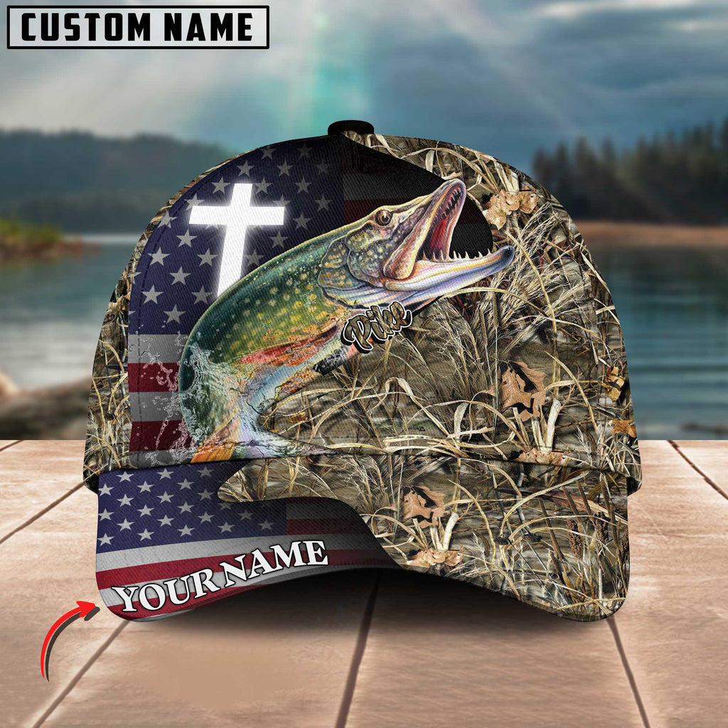 Frenzidea Personalized Pike Fishing Grass Camo And US Flag Classic 3D Cap
