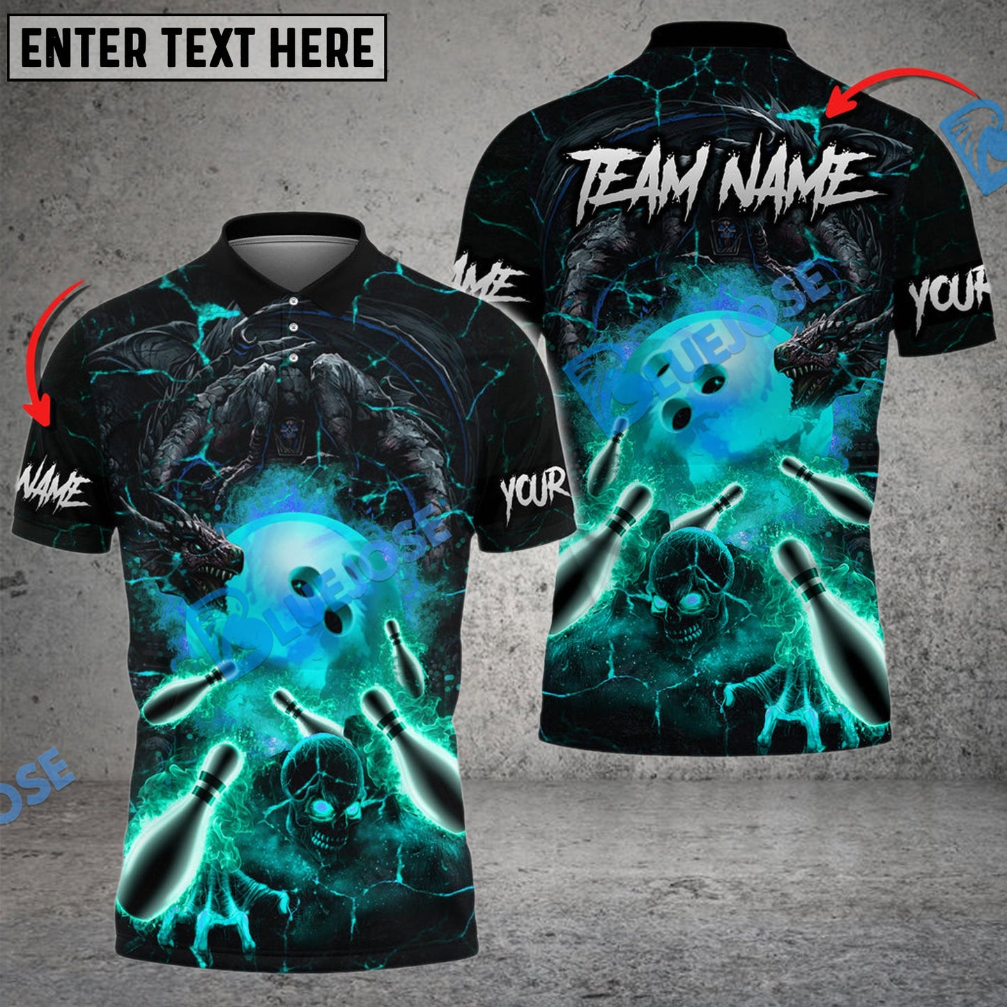 Frenzideas Bowling And Pins Dragon And Skull Multicolor Customized Name 3D Shirt ( 4 Colors )