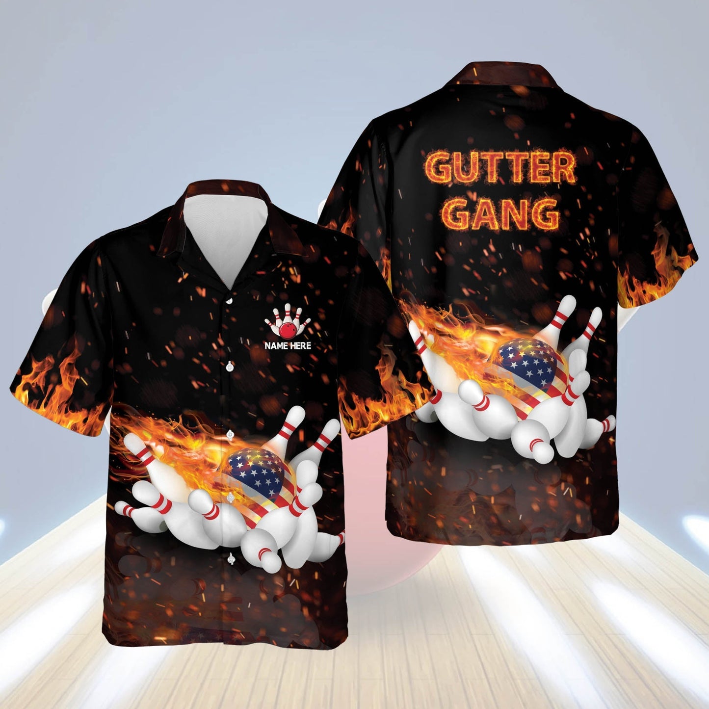 Frenzideas Flame Bowling Gutter Gang Personalized Name Hawaiian Shirt