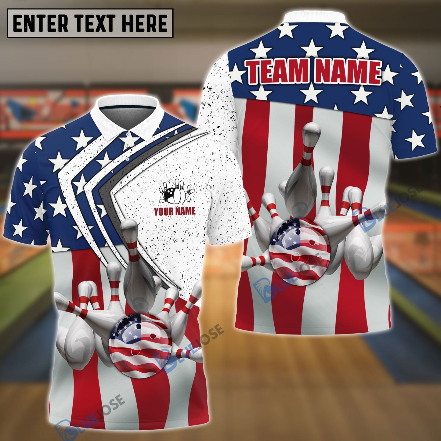 Frenzidea Bowling and Pins Lightning American Flag Personalized Name 3D Shirt