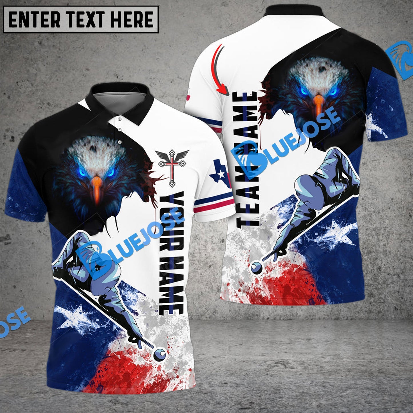 Frenzidea Billiards Player Cross Eagle ( Texas And USA Flag Option ) Personalized Name, Team Name Unisex Shirt