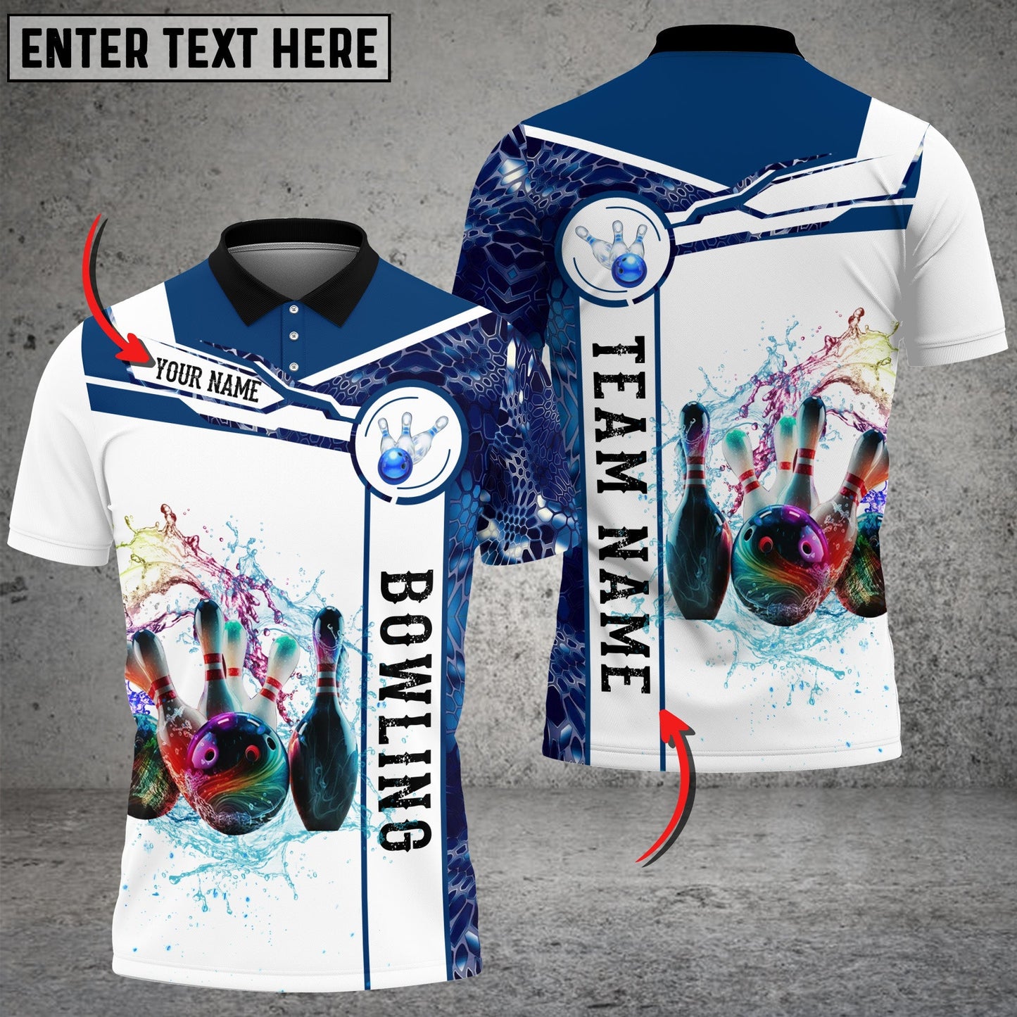 Frenzideas Blue And White Bowling Water Ball And Pins Customized Name 3D Shirt