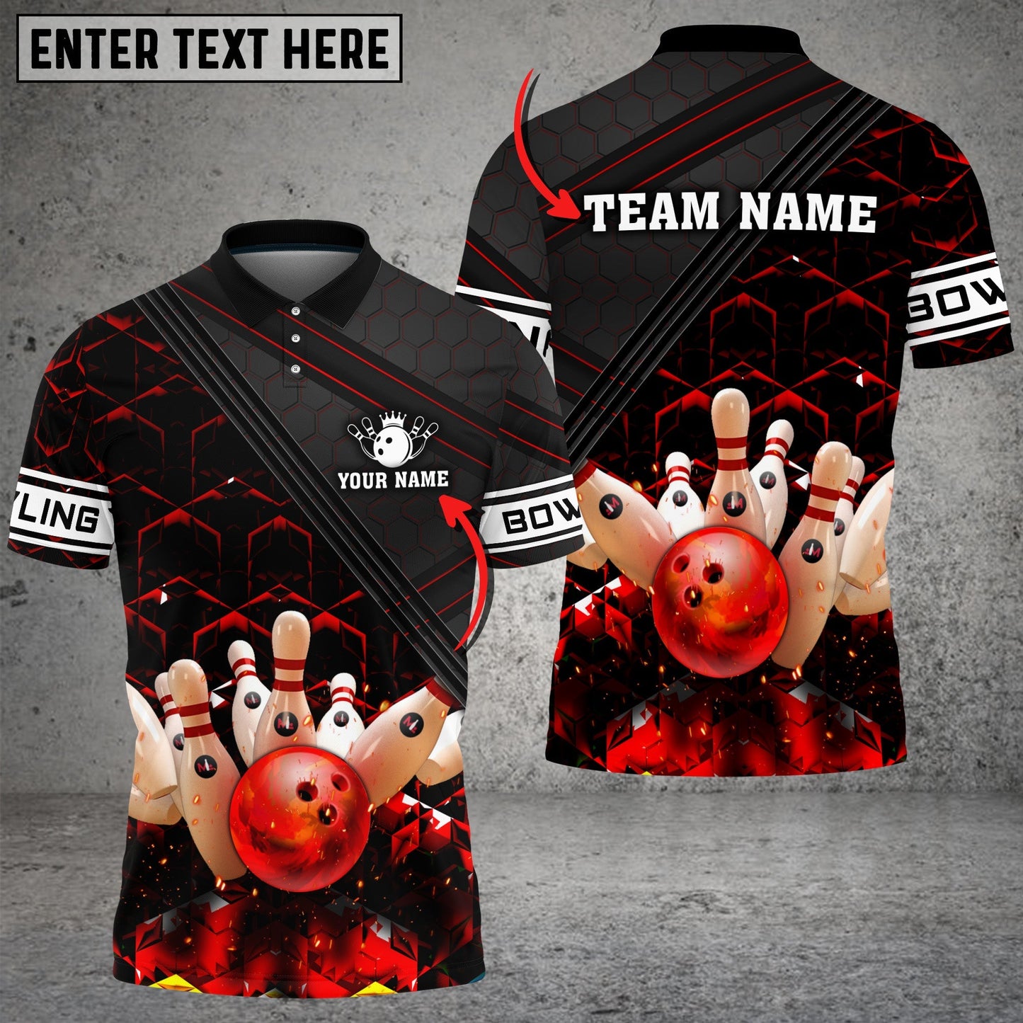 Frenzideas Black And Red Bowling Hexagon Pattern Customized Name 3D Shirt