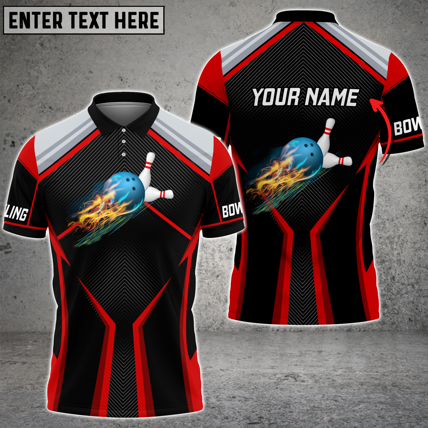 Frenzideas Red Bowling And Pins Fire Premium Customized Name 3D Shirt