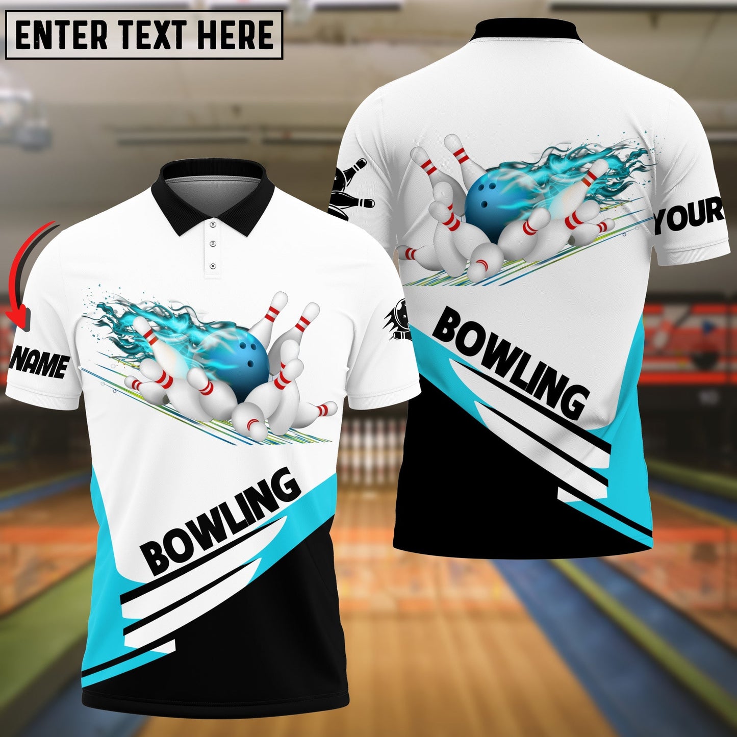 Frenzideas Cyan And White Bowling Ball Flame Customized Name 3D Shirt