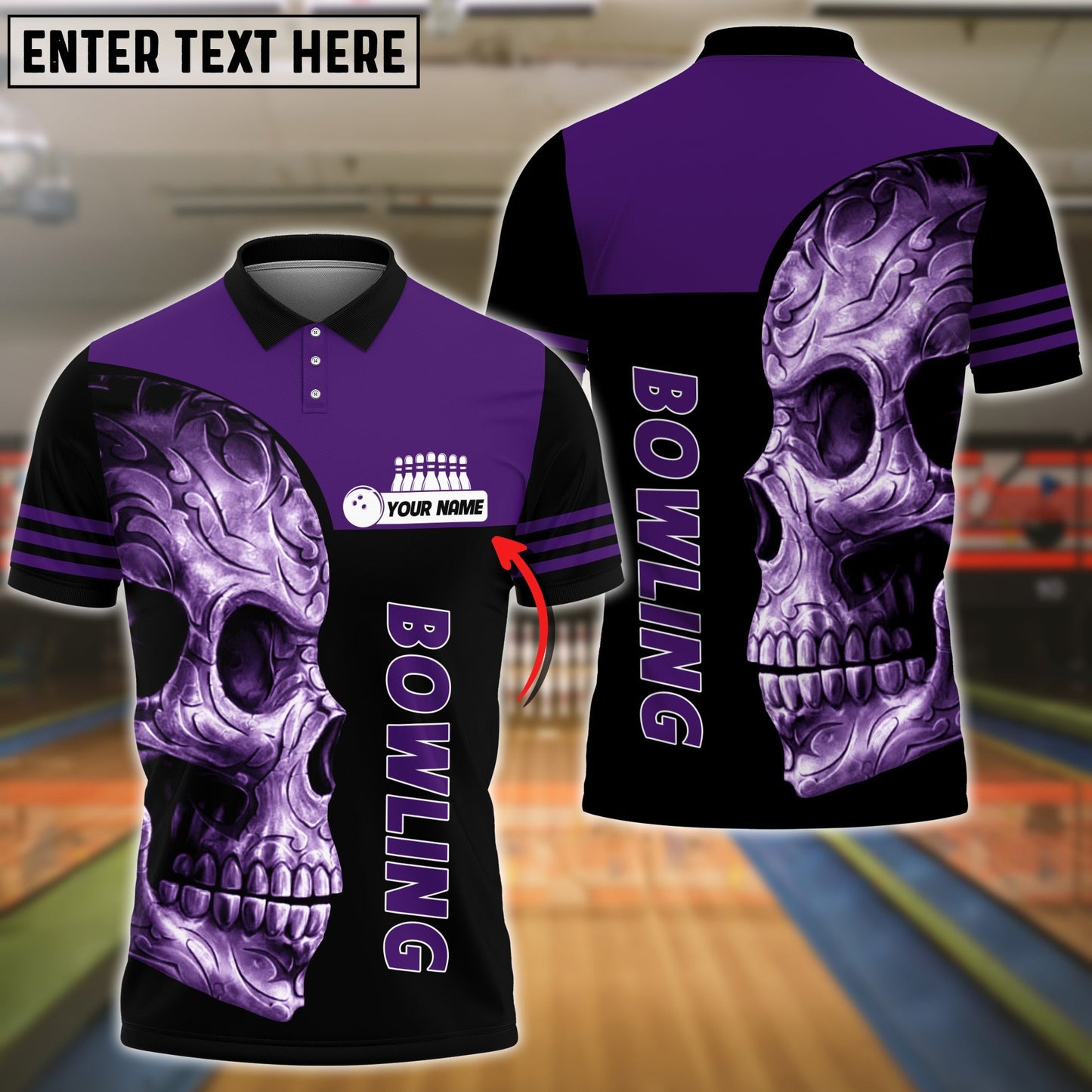 Frenzideas Bowling Purple Skull Classic Customized Name 3D Shirt