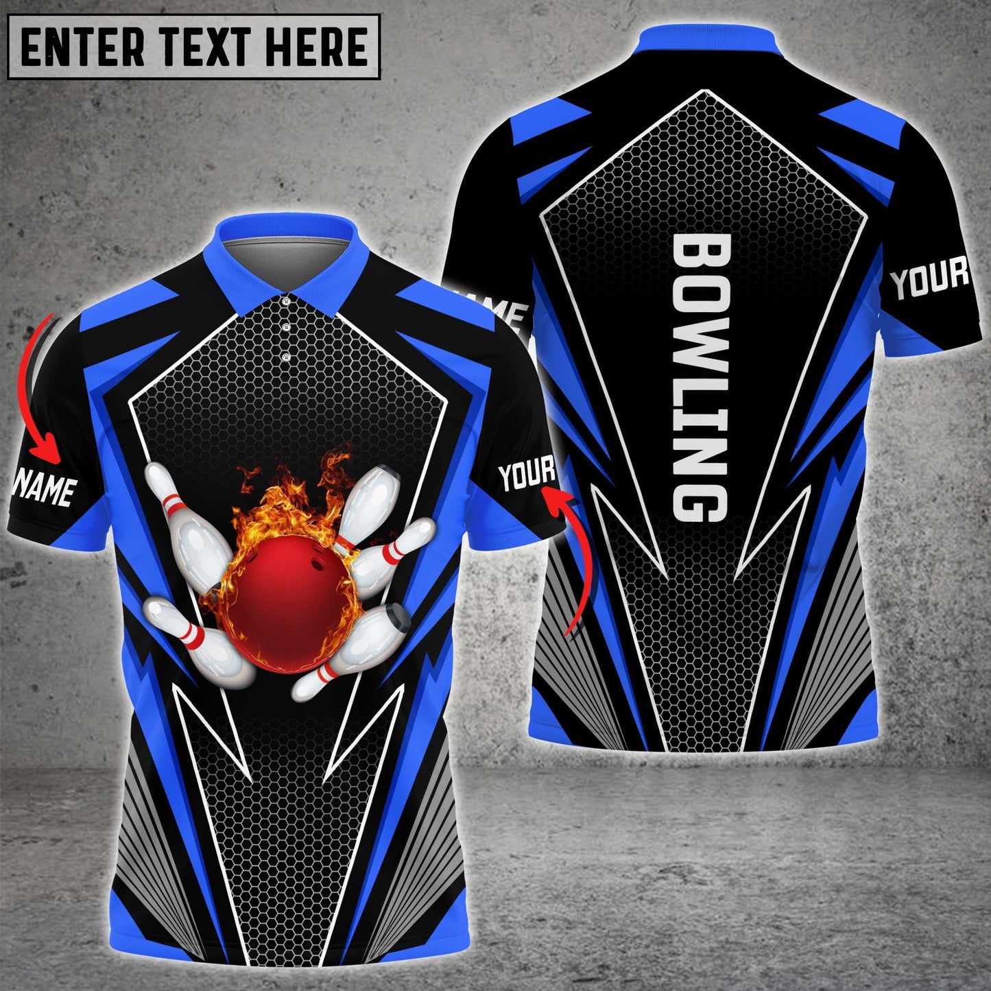 Frenzideas Blue Bowling And Pins Flame Hexagon Pattern Premium Customized Name 3D Shirt