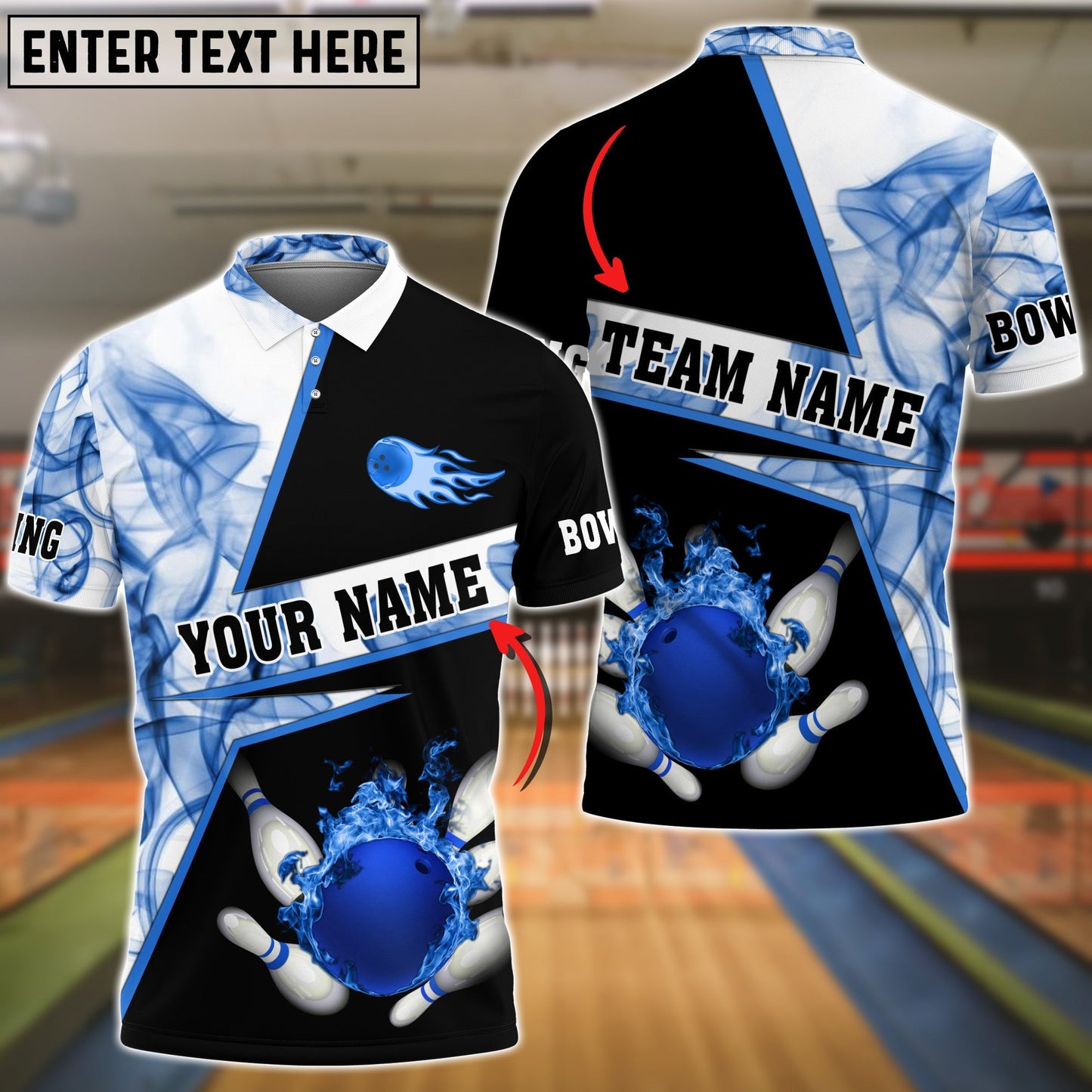 Frenzidea Bowling Flame Blue Smoke Pattern Premium Customized Name 3D Shirt