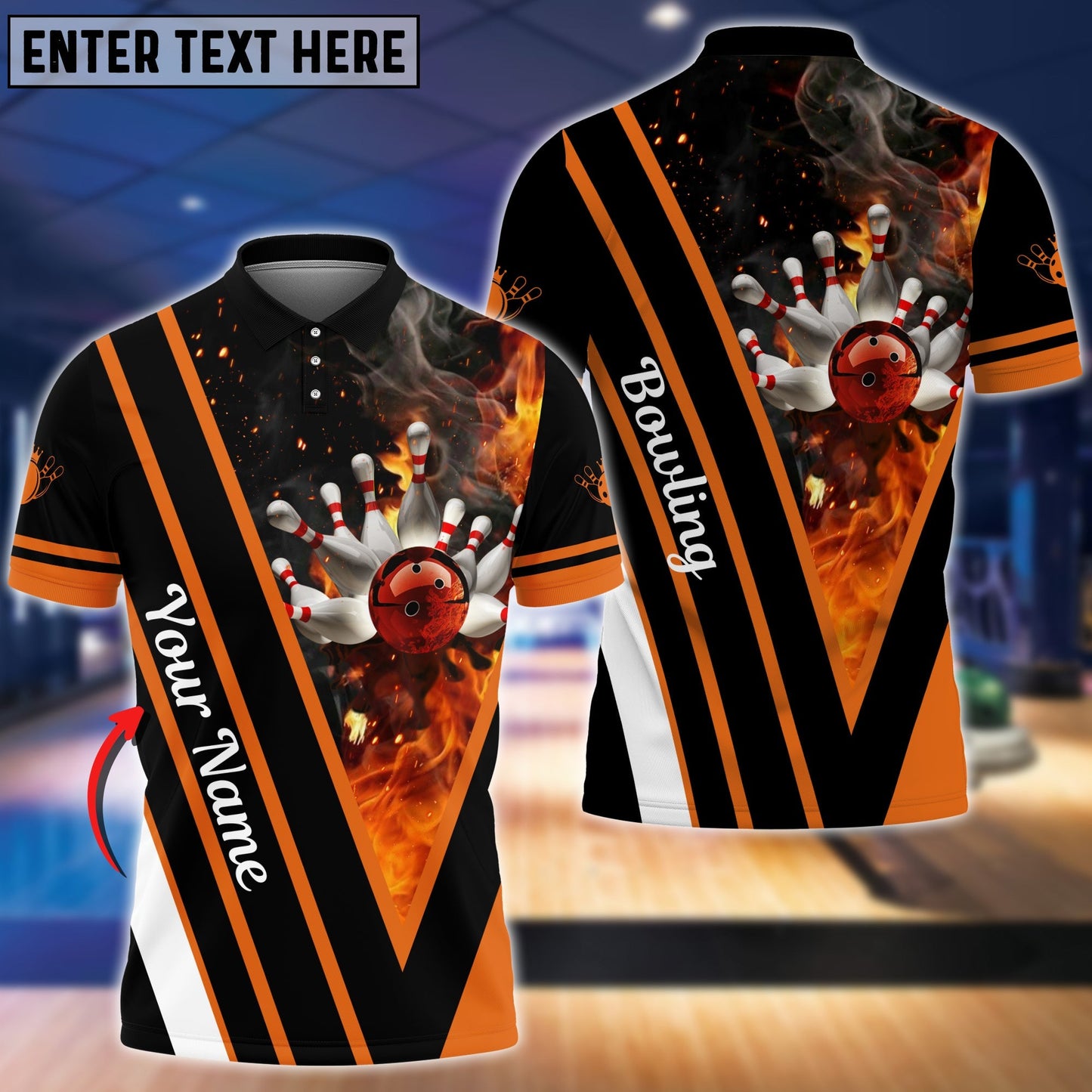 Frenzideas Orange Bowling And Pins Flame Premium Customized Name 3D Shirt