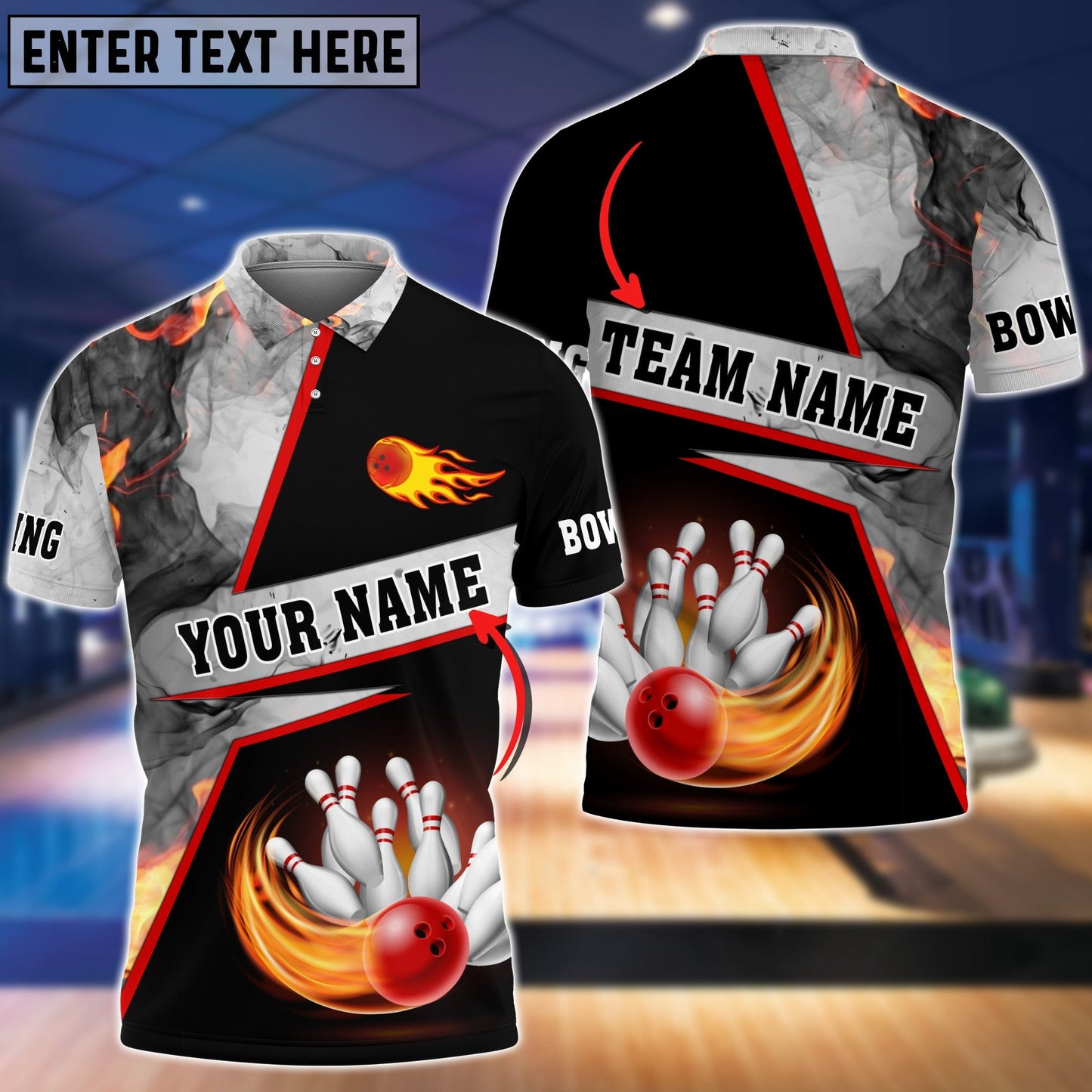 Frenzideas Bowling Flame Grey Smoke Pattern Premium Customized Name 3D Shirt