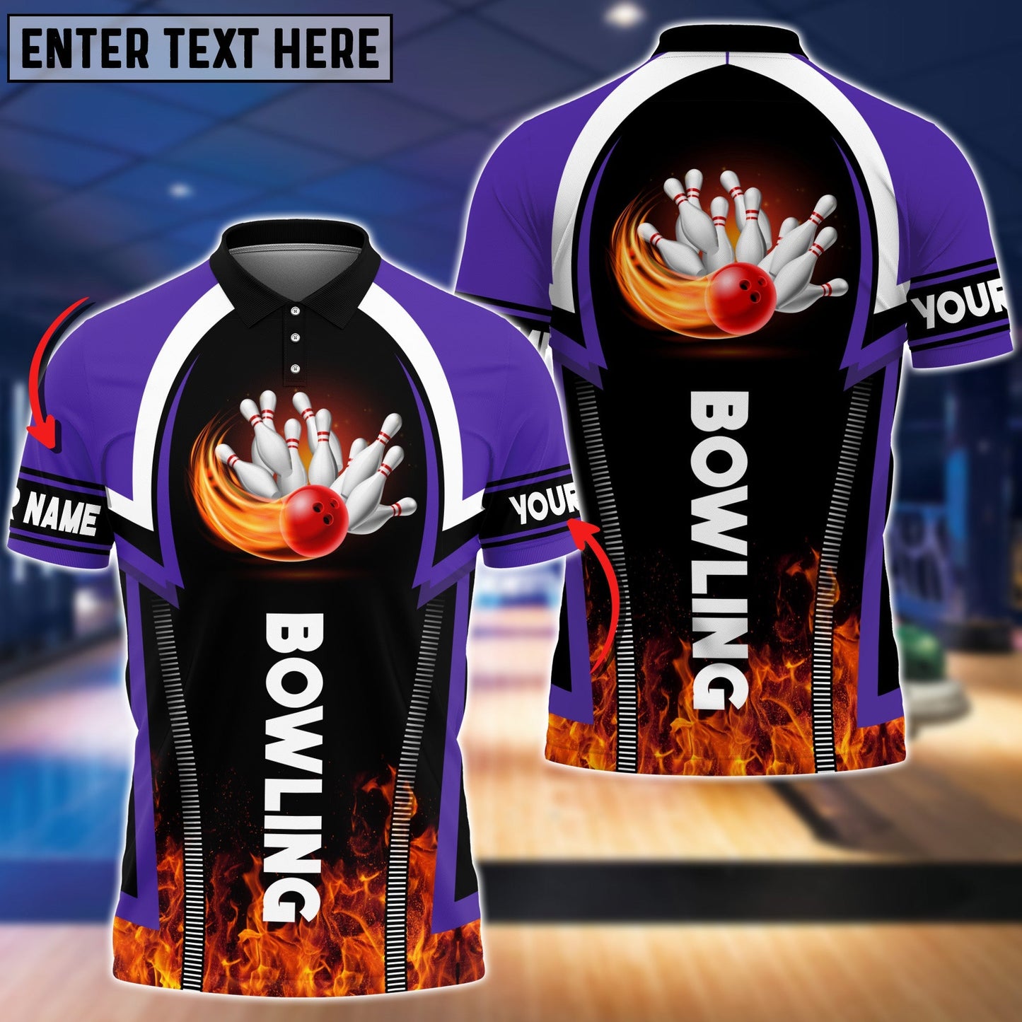 Frenzideas Purple Bowling Fire Pattern Premium Customized Name 3D Shirt