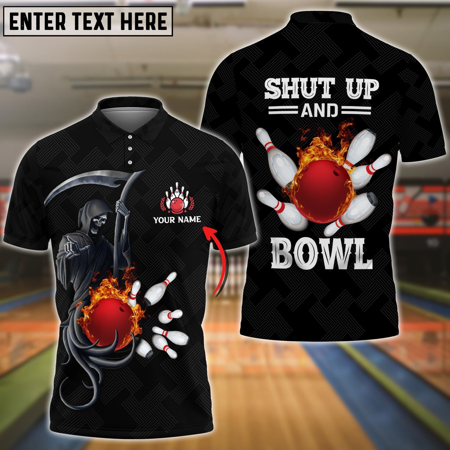 Frenzideas Bowling And Pins Flame Black Skull Pattern Premium Customized Name 3D Shirt