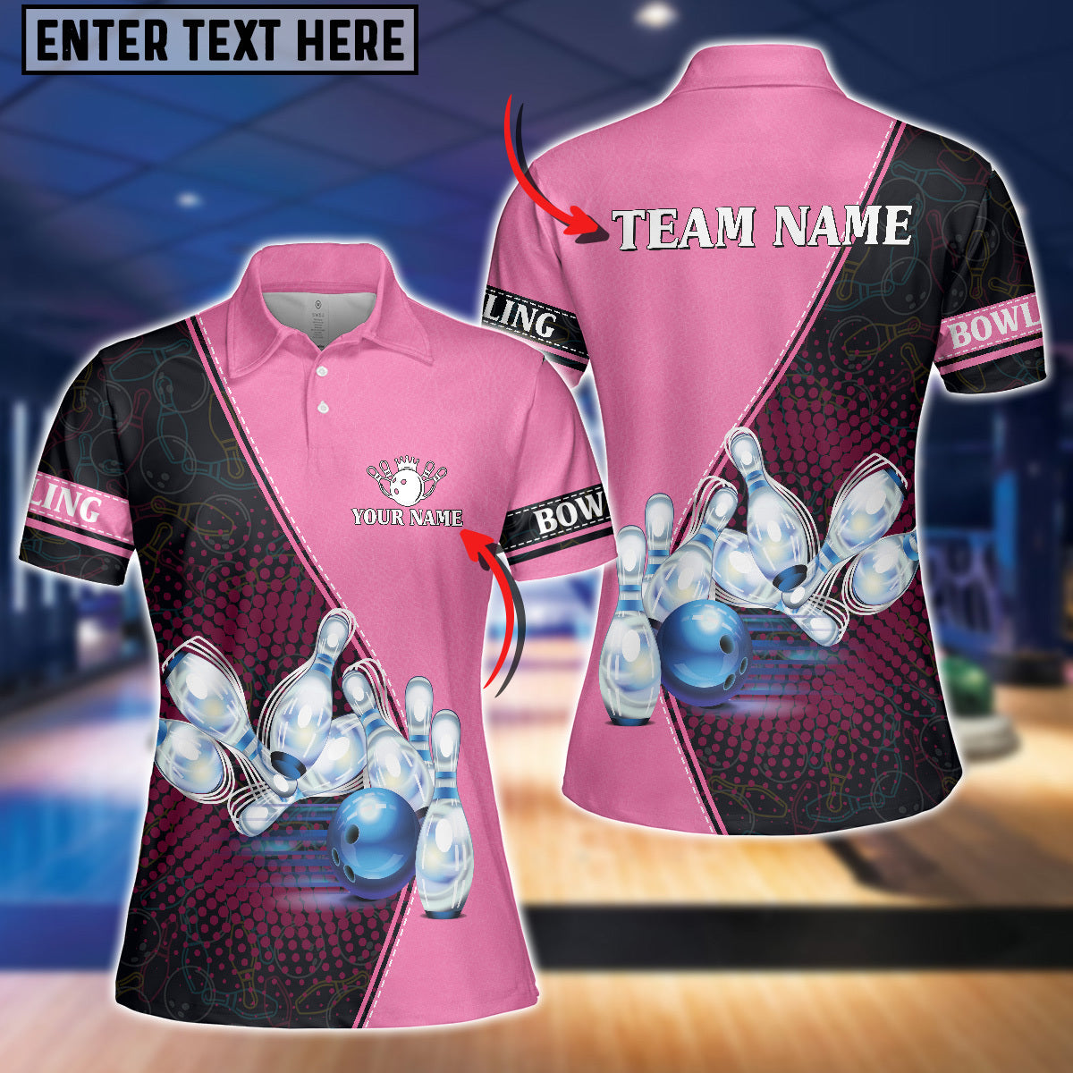 Frenzideas Pink Bowling Ball And Pins Pattern Premium Customized Name 3D Shirt For Women